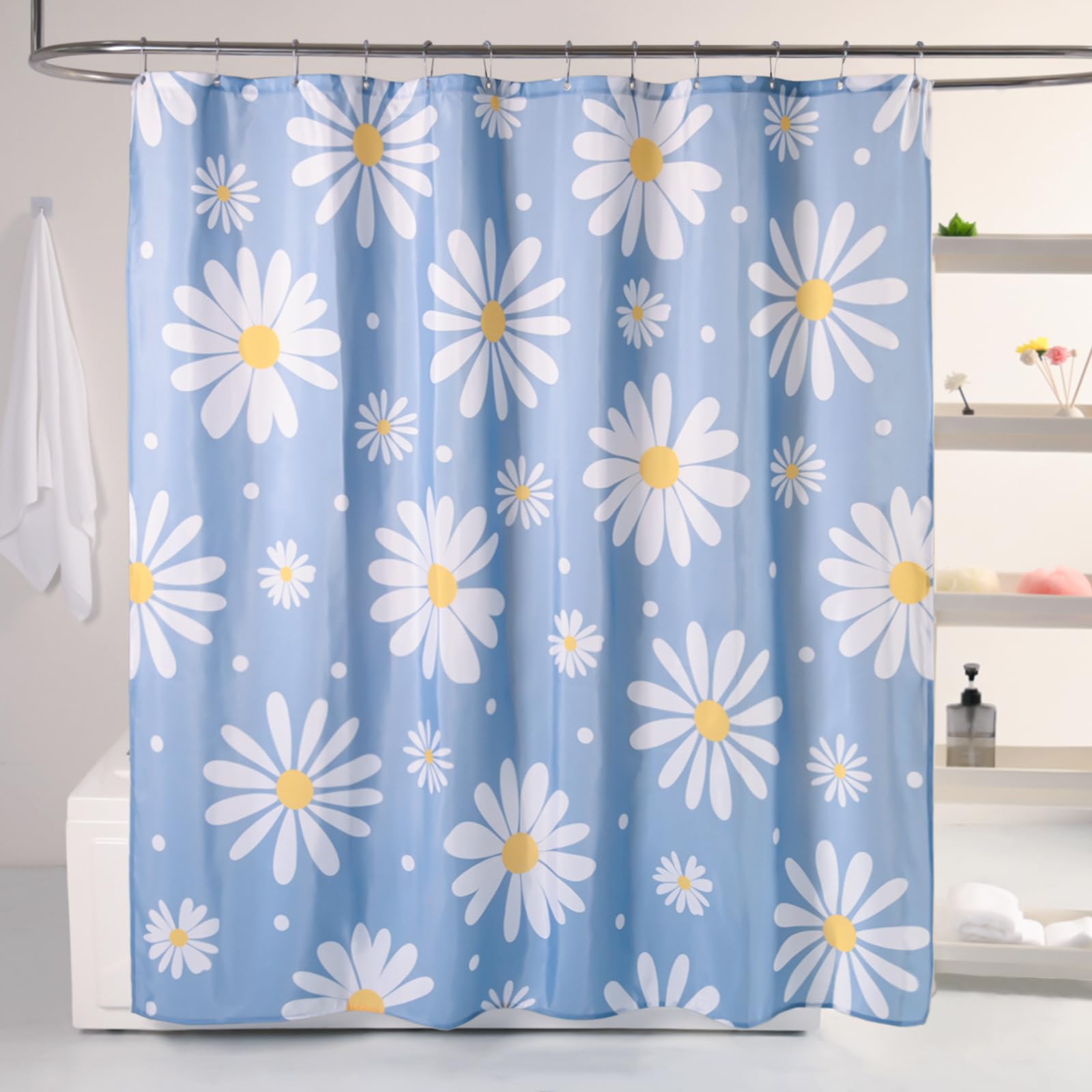 QJHOMO Blue Floral Shower Curtain Set Cute Daisy Girly Bathroom Curtain, Washable Waterproof Fabric Shower Curtains with 12 Hooks, Modern Aesthetic Decor Colorful Flower Shower Curtain 72x72 inch