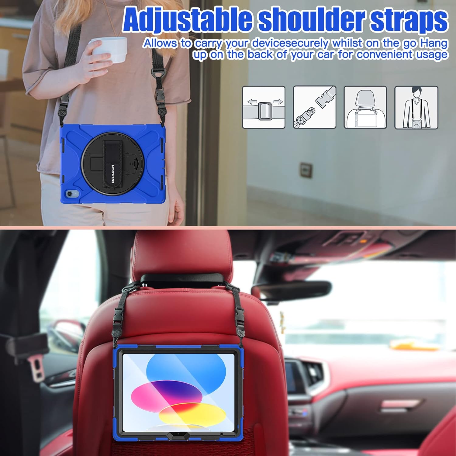 BRAECNstock for Apple iPad (A16) 11th/10th Generation Case 11"/10.9" 2025/2022, Shockproof Protective Case with Screen Protector, Pencil Holder, 360 Rotating Stand&Hand Strap, Shoulder Strap, Blue