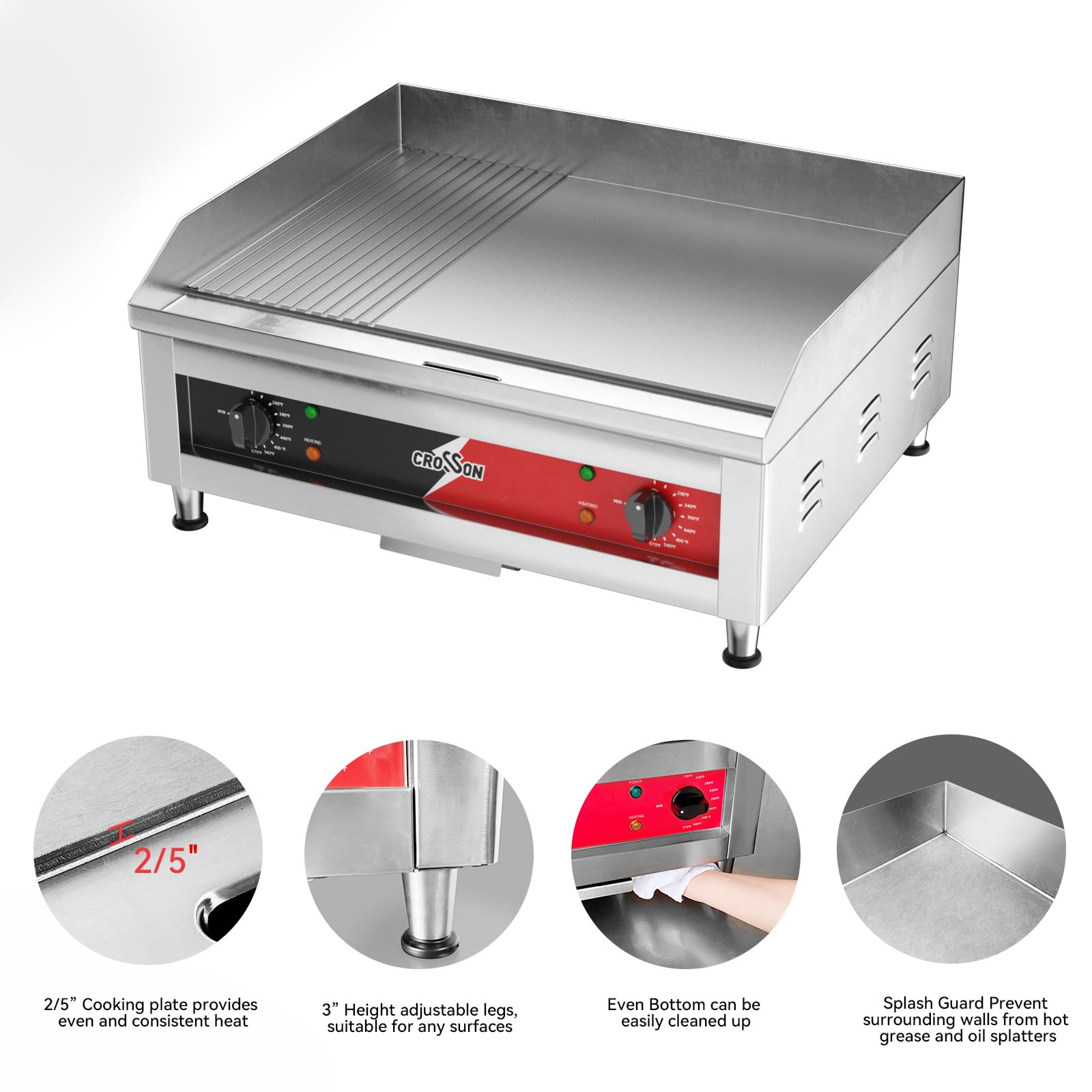 CROSSON Profi Gastro Grillplatte elektrisch 60x40 cm Gusseisen 10 mm 2 Zonen 50-300 °C
