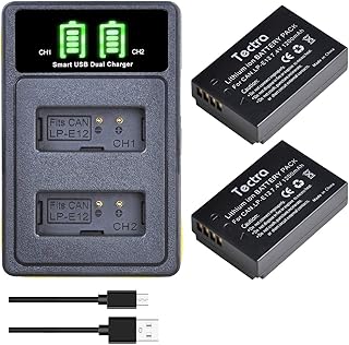 Tectra 2-Pack LP-E12 LPE12 Battery and LED Display USB Dual Charger for Canon Rebel SL1, PowerShot SX70 HS, EOS M, EOS M2, EOS M10, EOS M50, EOS M100 Mirrorless Digital Cameras