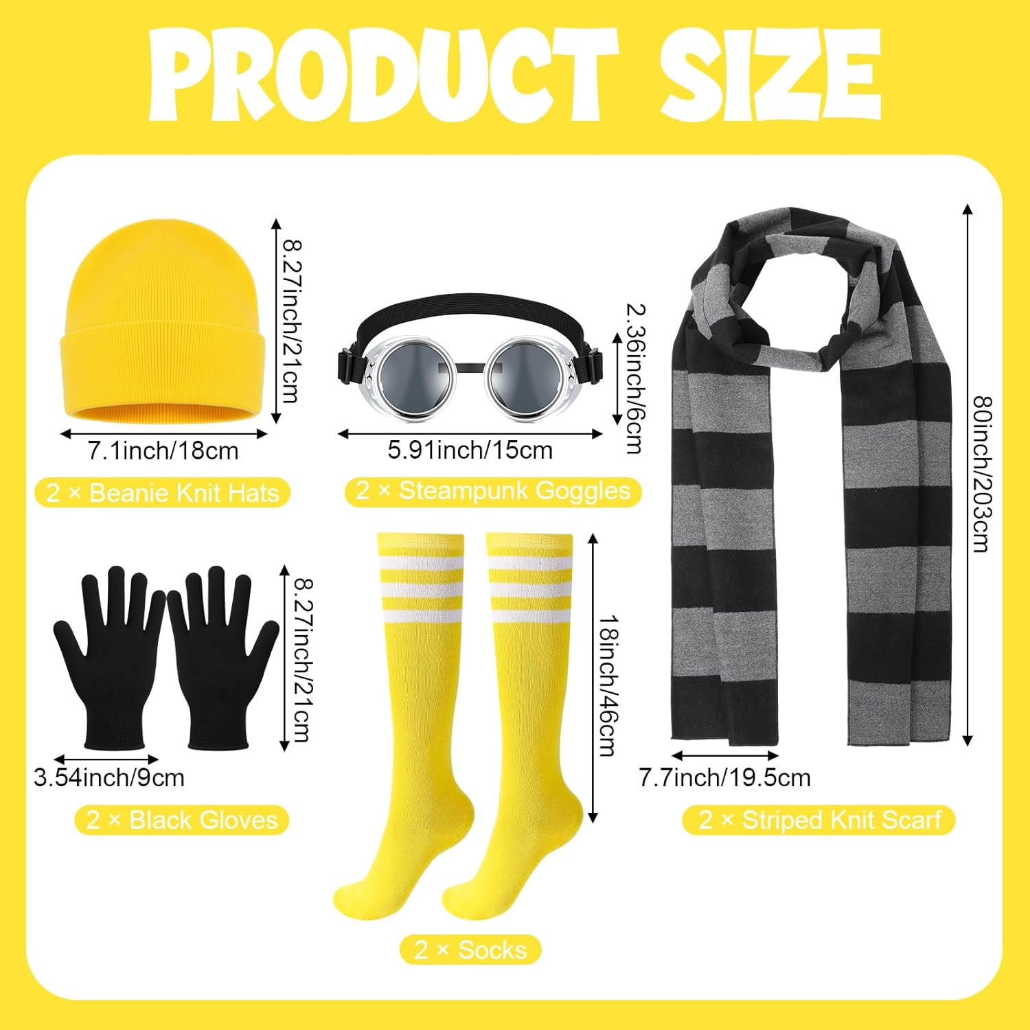 10 Pcs Halloween Couple Costume Accessories Group Adult Steampunk Goggles Yellow Beanie Socks Black Striped Knit Scarf Gloves for Men Women Cosplay Party Set