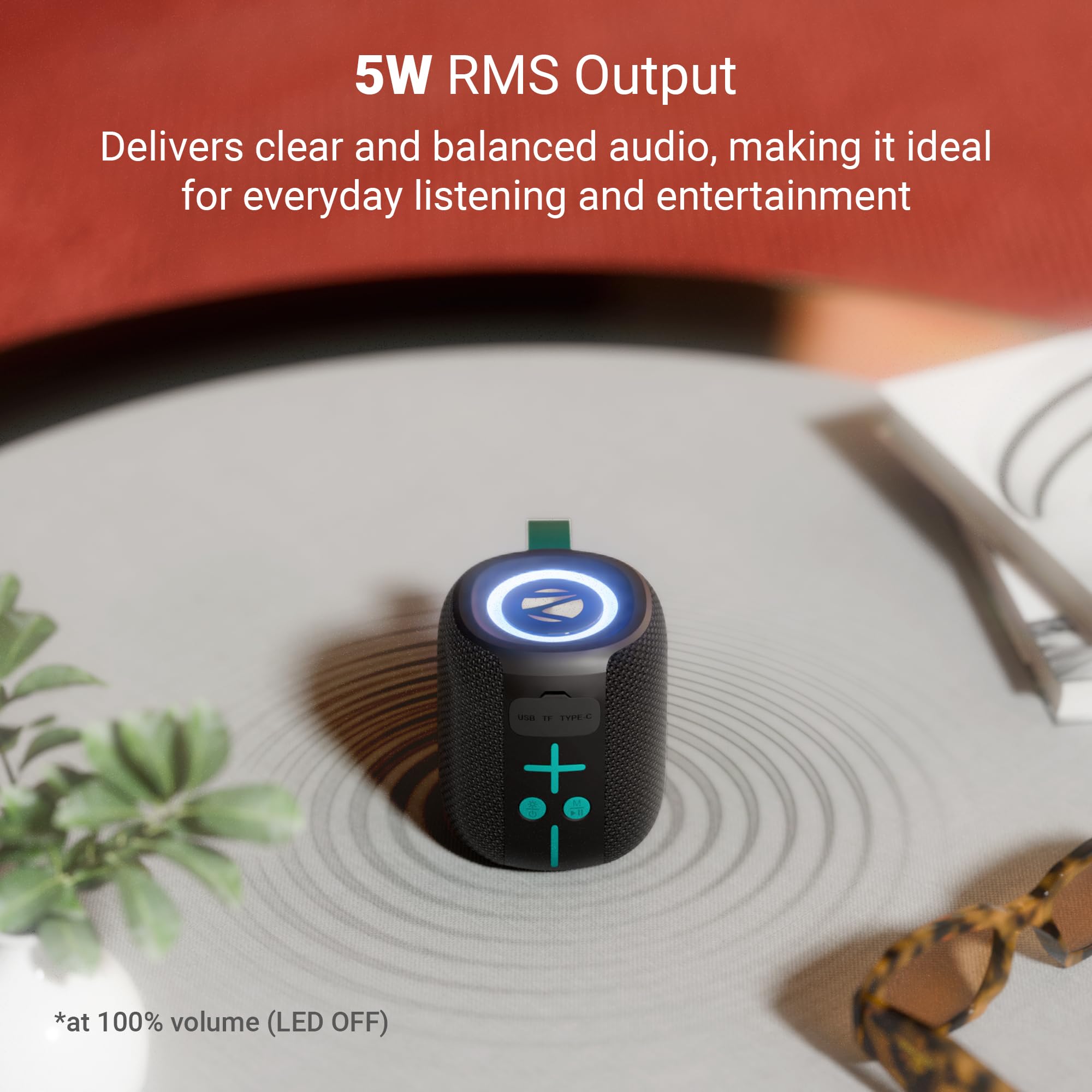 Zebronics 2026 Launch Portable Bluetooth Speaker, 5W RMS, Up to 10Hrs Playback, Passive Radiator, TWS, BT v5.4, USB & mSD, 9 RGB Modes, Splash Proof, Type-C Charging (Sonic POD 15)