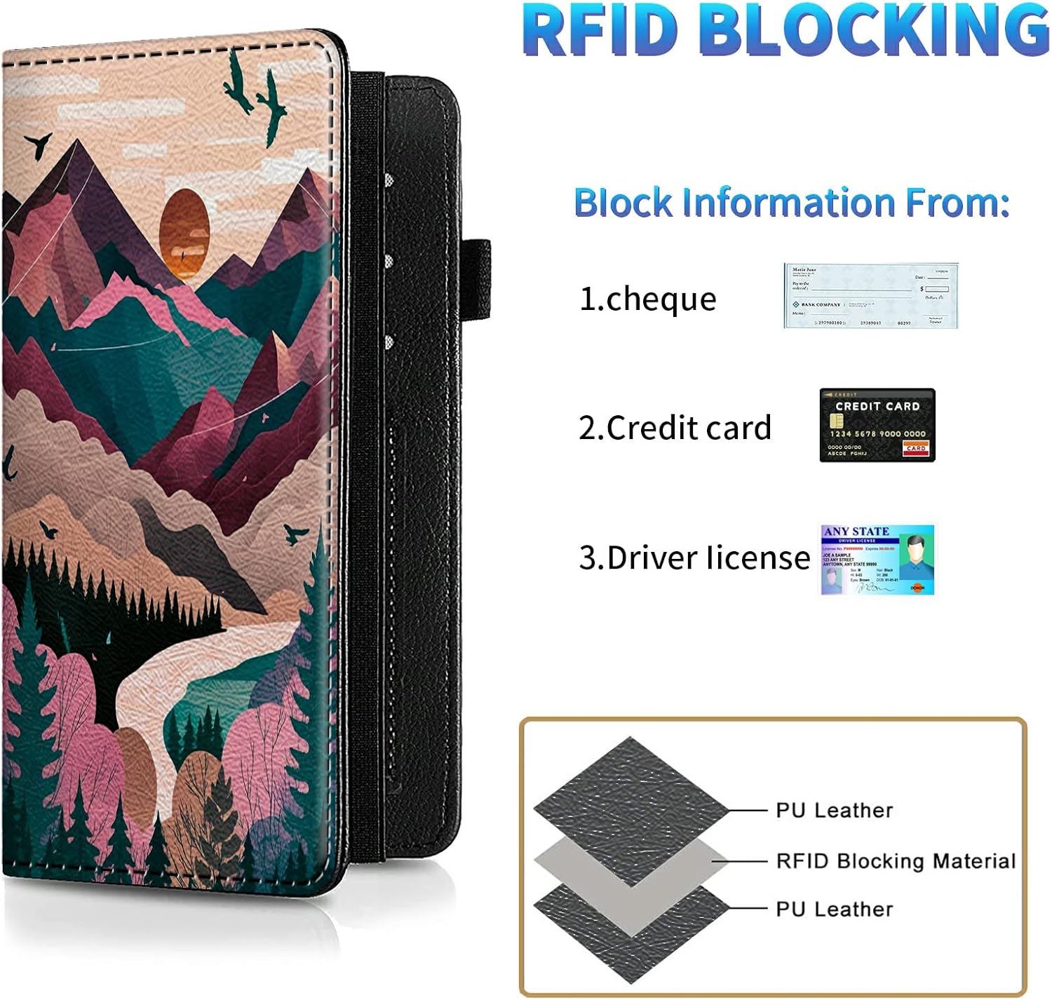 Checkbook Covers for Men and Women, Leather RFID Check Book Holder Wallet with Credit Card Slots, Personal Duplicate Checks Holder with Pen Holder, Painting of Mountains Trees