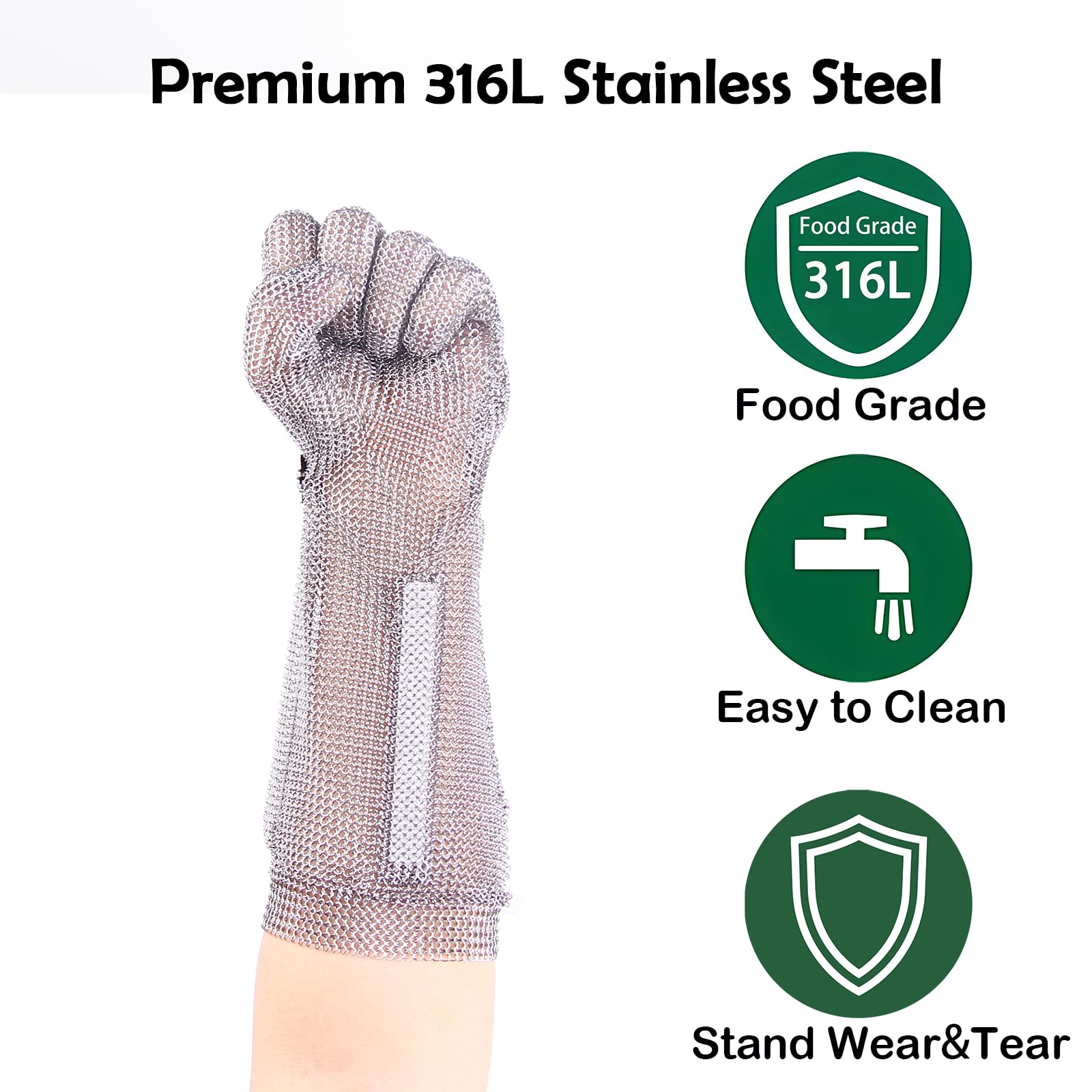 Guante de malla de 19 cm de largo, resistente a los cortes, grado alimenticio, acero inoxidable, plateado, mediano, unisex, talla