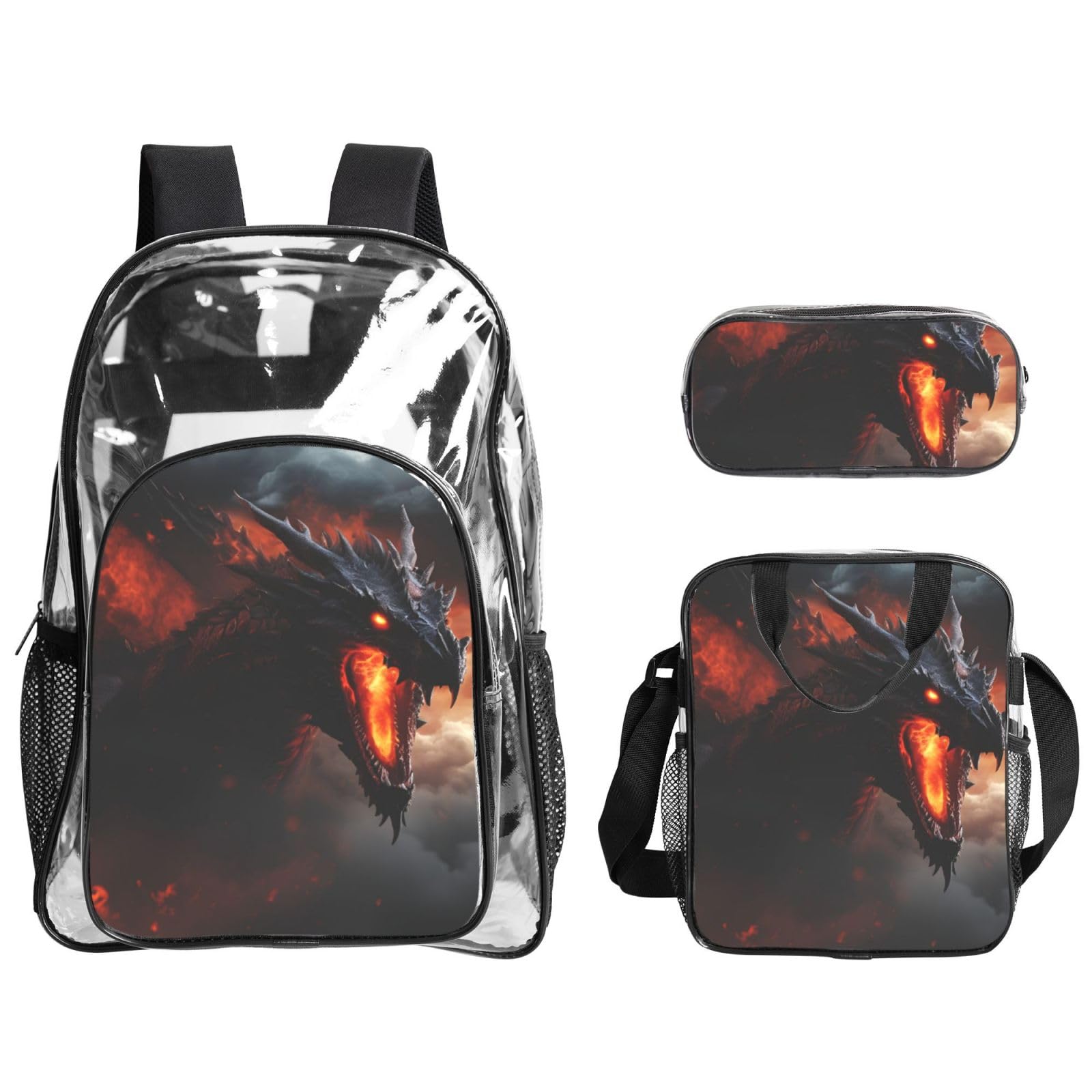 Ensemble de 3 sacs à dos transparents unisexes avec imprimé dragon magique pour l'école, les voyages, l'extérieur, sac à déjeuner transparent