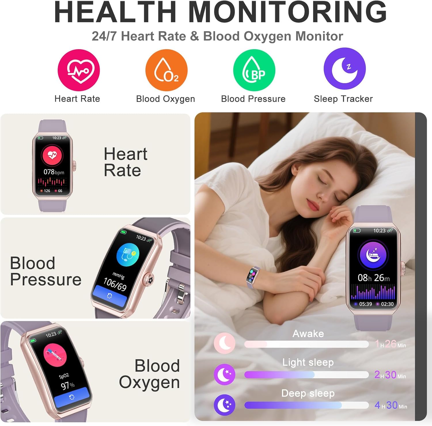 Fitness Tracker, Step Counter with 24/7 Heart Rate Blood Oxygen Sleep Monitor, Fitness Watch with 100+ Sports Modes, Waterproof Activity Smart Watches for Women Men Android iOS