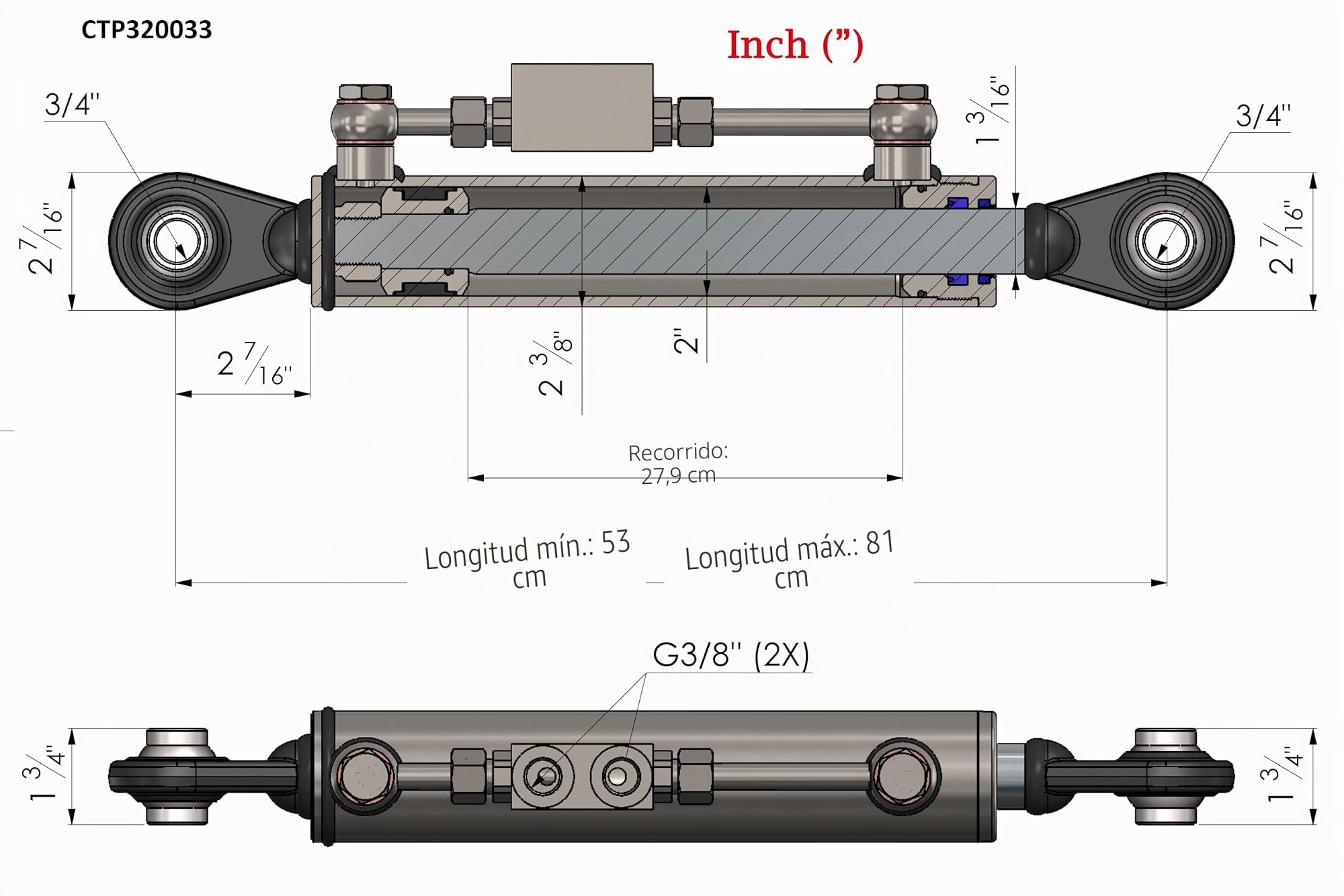 Tercer Punto Hidráulico Cat 1-1 (530 - 810 mm) con Bloque de Bloqueo y 2 Mangueras