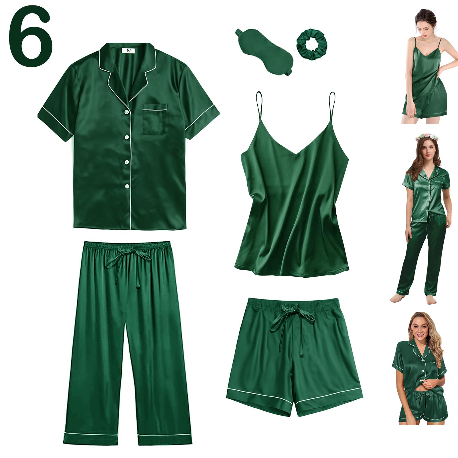 Y WJing Yi Jia 6Pcs Womens Silk Satin Pyjama Sets Pj Sets Short Pjs Set Pyjamas Sleepwear Camisole Sexy Cami