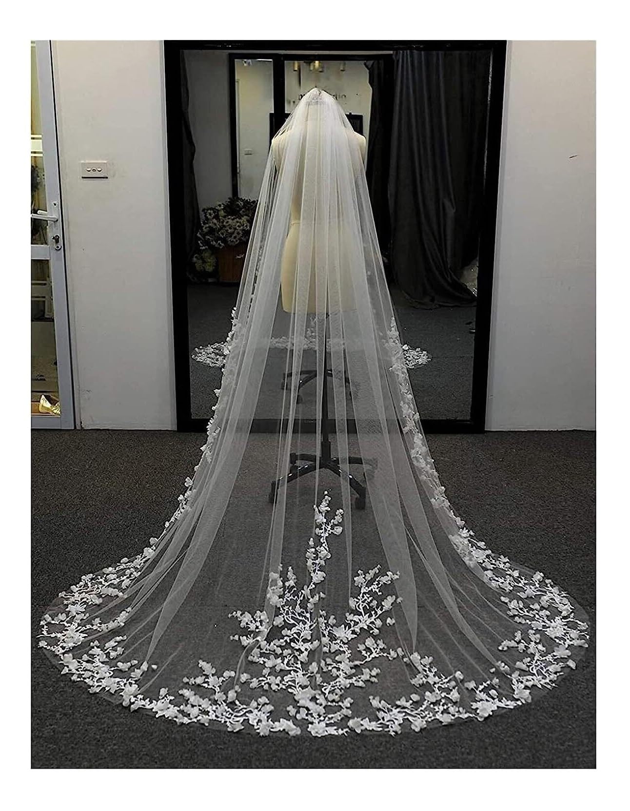 Welon ślubny, welony ślubne, welon z kwiatami 3D, jednopoziomowy, długi, katedralny, koronkowy brzeg, wykwintne, eleganckie(Ivory,200cm)