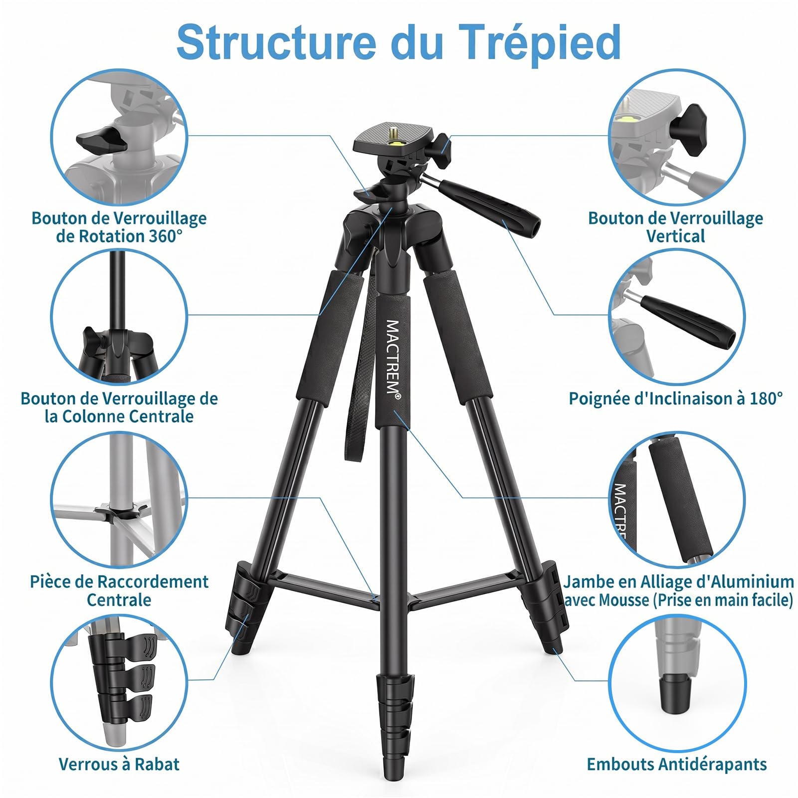 MACTREM 165 cm Trepied Smartphone Alliage Aluminium Léger, Trepied Appareil Photo avec Télécommande sans Fil, Trepied iPhone Sac Transport Inclus, Idéal pour Voyage, Youtube, Selfie, TikTok