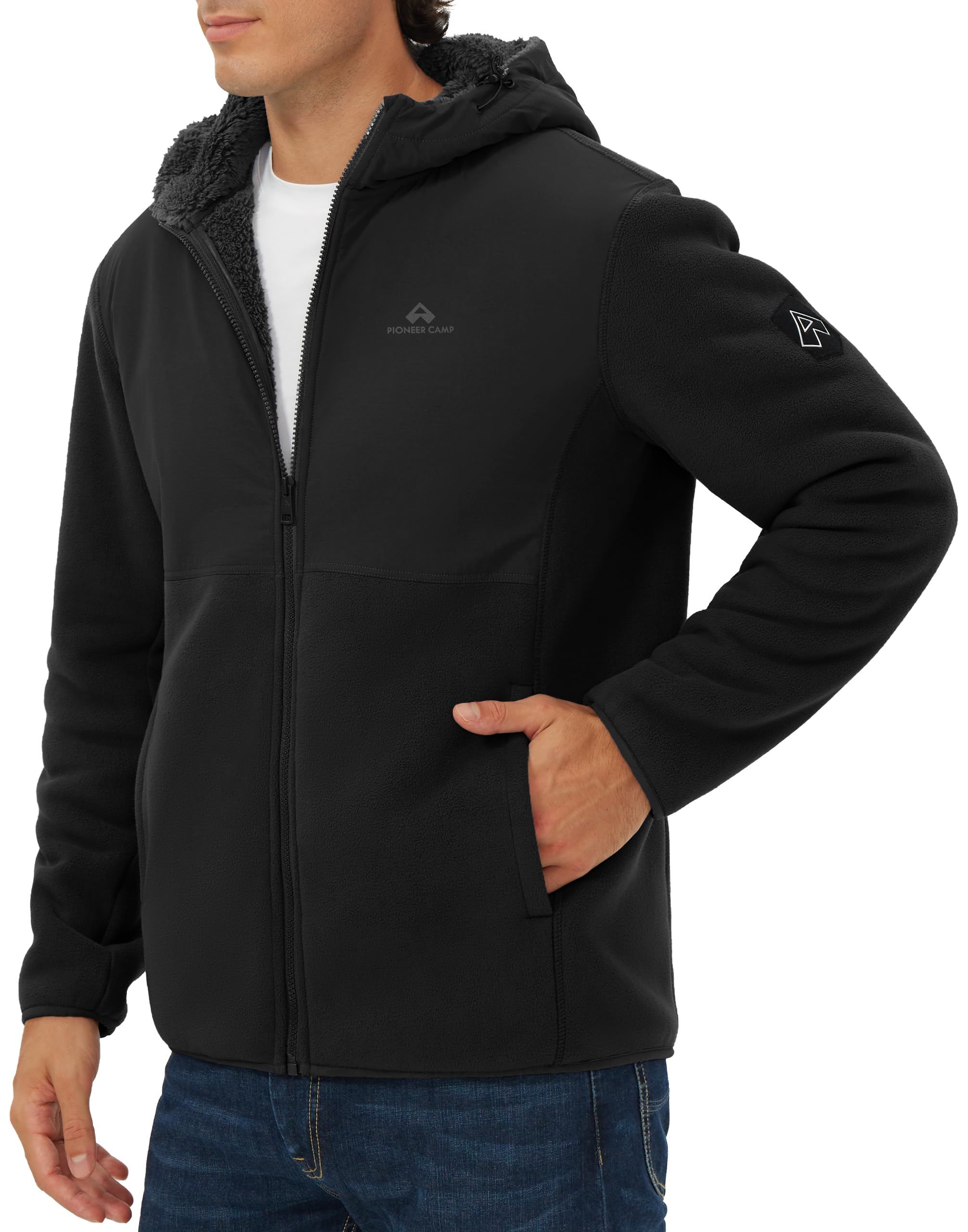 Pioneer Camp Veste d'hiver pour homme avec polaire Sherpa - Sweat à capuche chaud - Coupe-vent - Veste mi-saison pour homme - Idéale pour l'extérieur et le quotidien