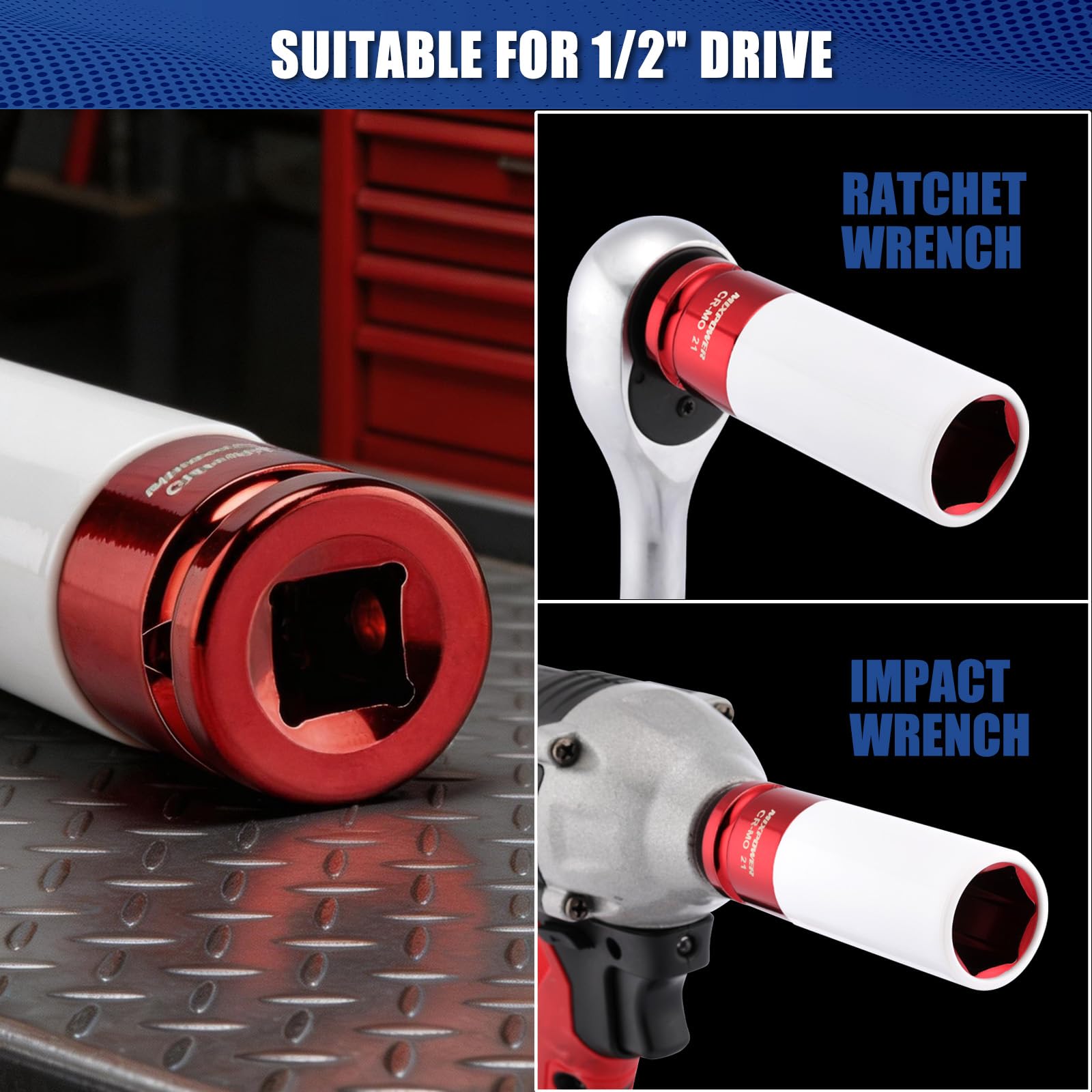 MIXPOWER Juego de 4 llaves de vaso de impacto con protector de rueda de transmisión de 1/2 pulgada, juego de 4 llaves de vaso de impacto profundo de pared fina, casquillo de tuerca de plástico
