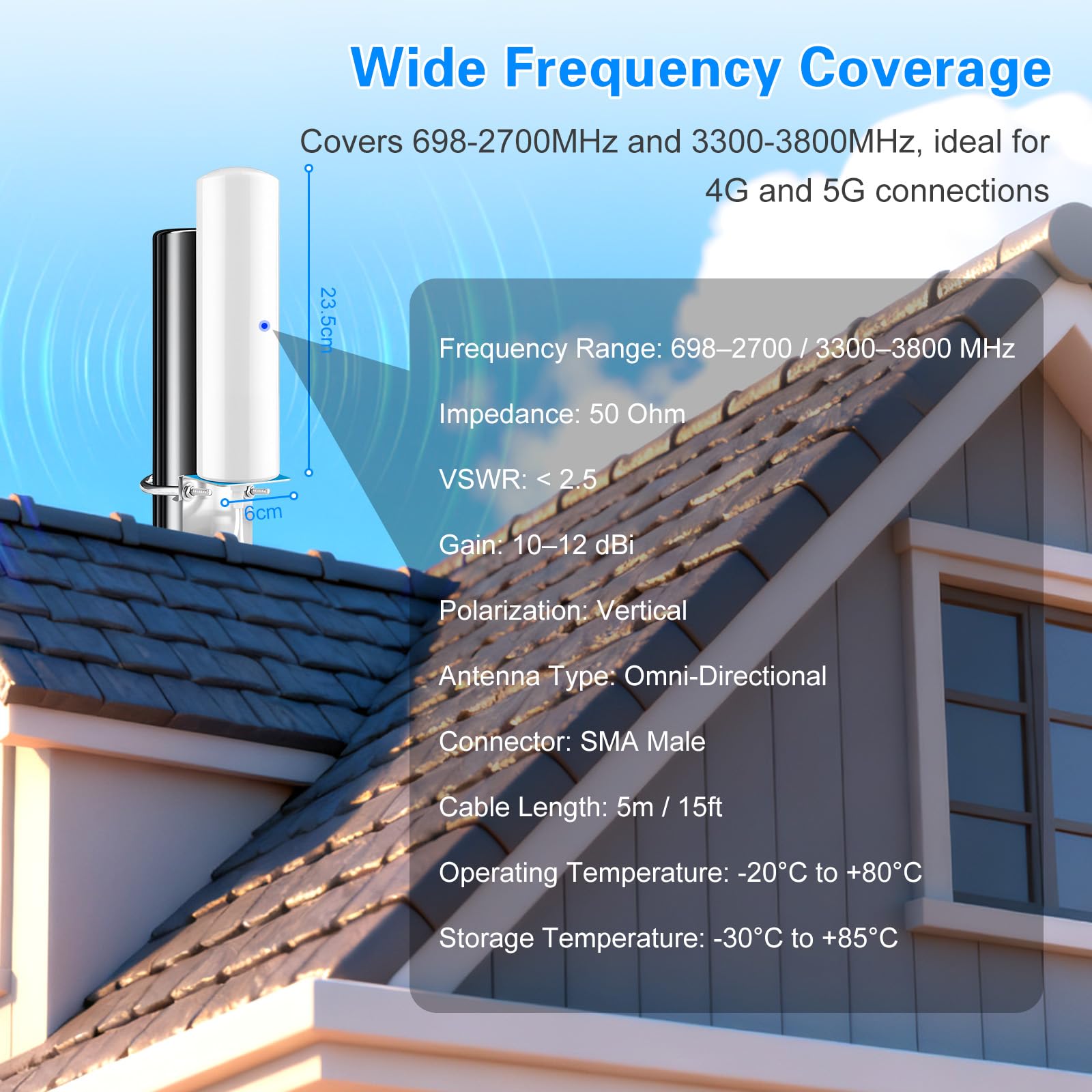 ZHITING Antenna 4G LTE Esterno Mimo Omnidirezionale 698-2700 MHz Connettore SMA,con Adattatore CRC9 TS9,Guadagno Fino 12 dBi, per Router 4G router Hotspot mobile Wireless Home Phone(Cavo 2 x 5M