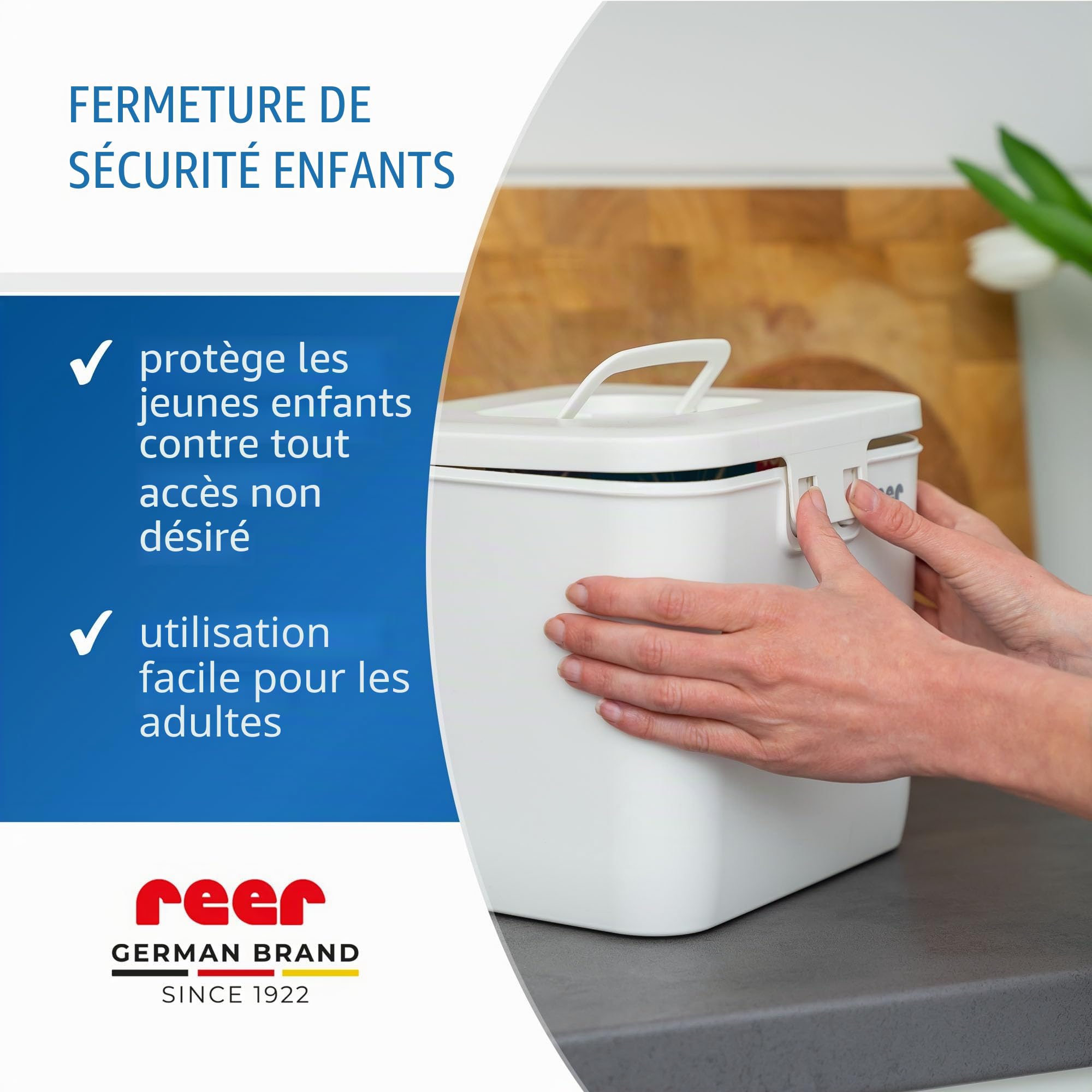 reer SafeContainer Boîte de rangement | Protection contre les petites pièces dangereuses | Fermeture sécurisée pour les enfants | Antidérapante | Fermeture sûre des tablettes de lessive, des piles,