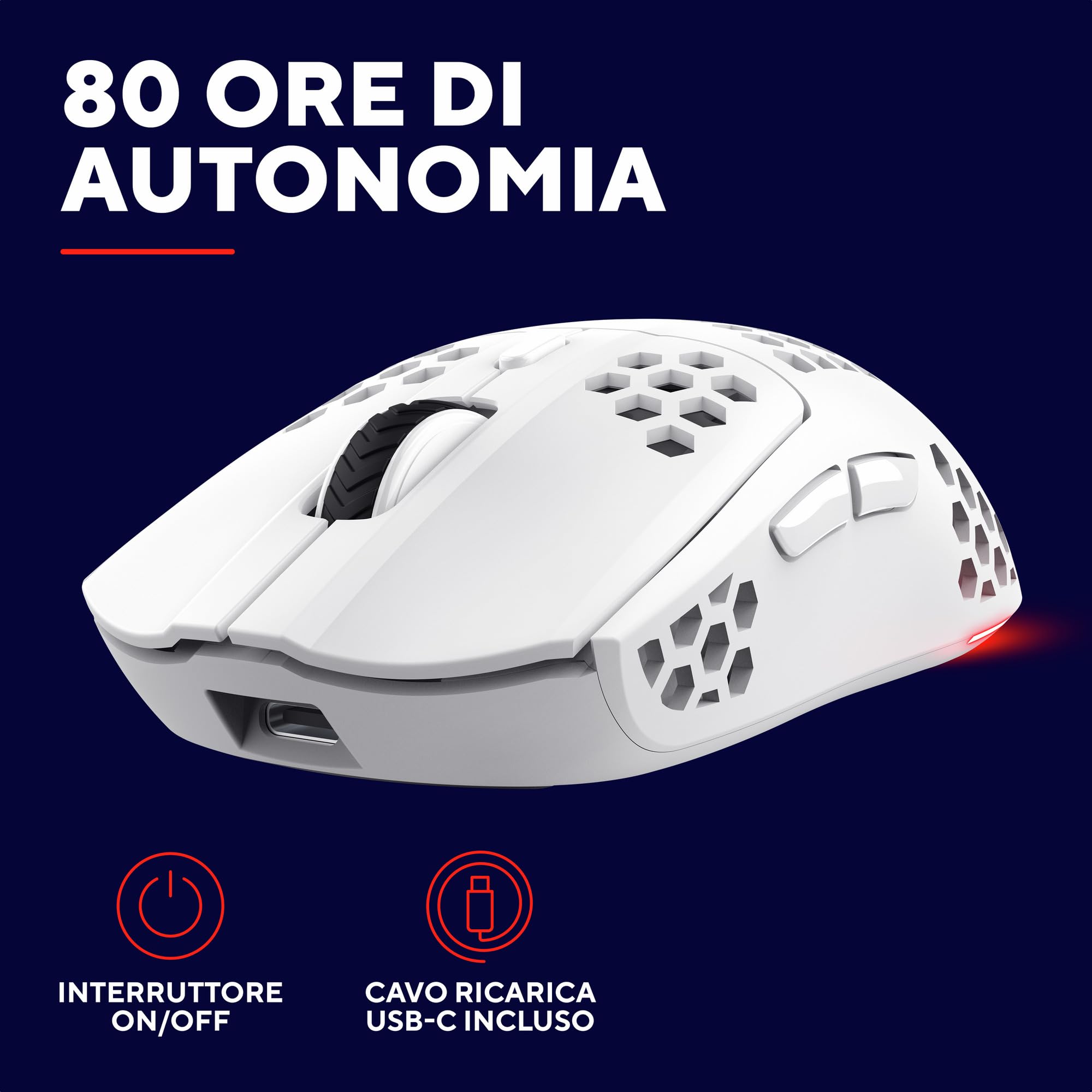 Trust Gaming GXT 929W Helox Mouse Gaming Wireless Superleggero 75g, 80h di Durata Batteria, 2.4GHz Ricevitore USB, Regolazione DPI (800-4800), Illuminazione LED, Mouse Wireless Ricaricabile - Bianco