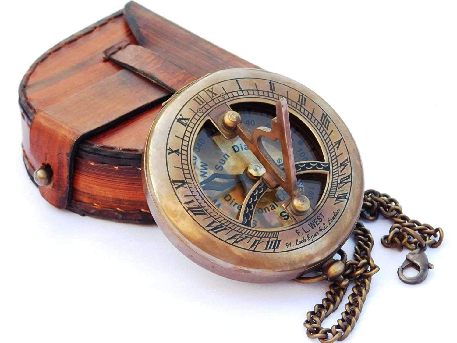 Gemstone Mart Antique Finish Brass Marine Nautical Sundial Compass with Chain and Leather Case (2.75 Inch)