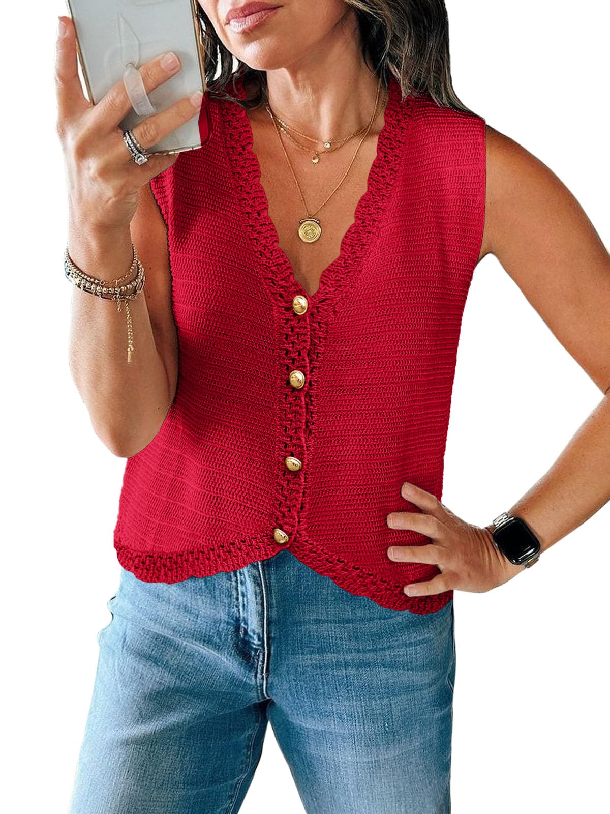 Saodimallsu Womens Sleeveless V Neck Sweater Vest Cropped Button Down Casual Loose Knit Summer Going Out Tops