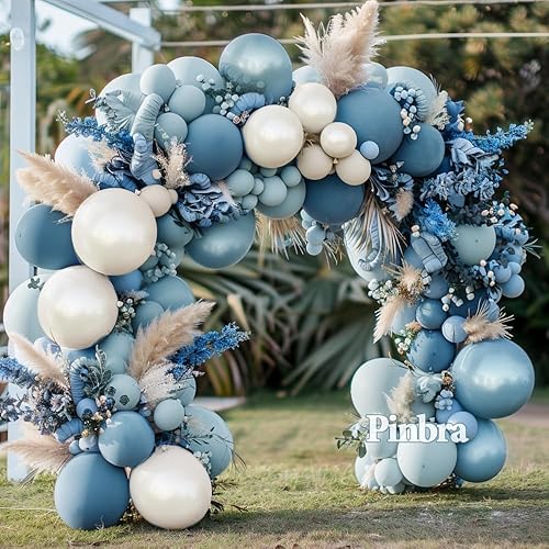 Miniatura 2 de Guirnalda de globos azul polvoriento, doble relleno, color azul pastel, blanco, arena, perla, kit de arco de globos para baby shower, cumpleaños,