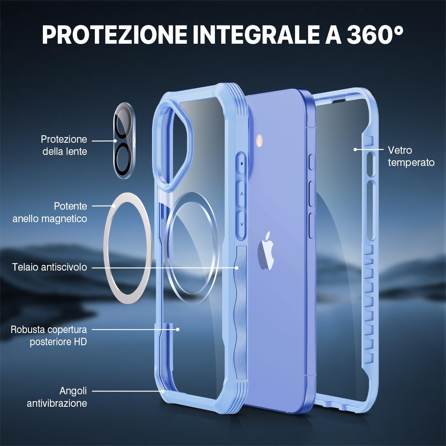 CENHUFO Magnetica Cover iPhone 16, [Compatibile con Magsafe] Integrata [9H HD] Vetro Temperato Schermo e Protezione Fotocamera, Custodia Antiurto 360 Gradi Fronte Retro Doppia Faccia Case - Blu