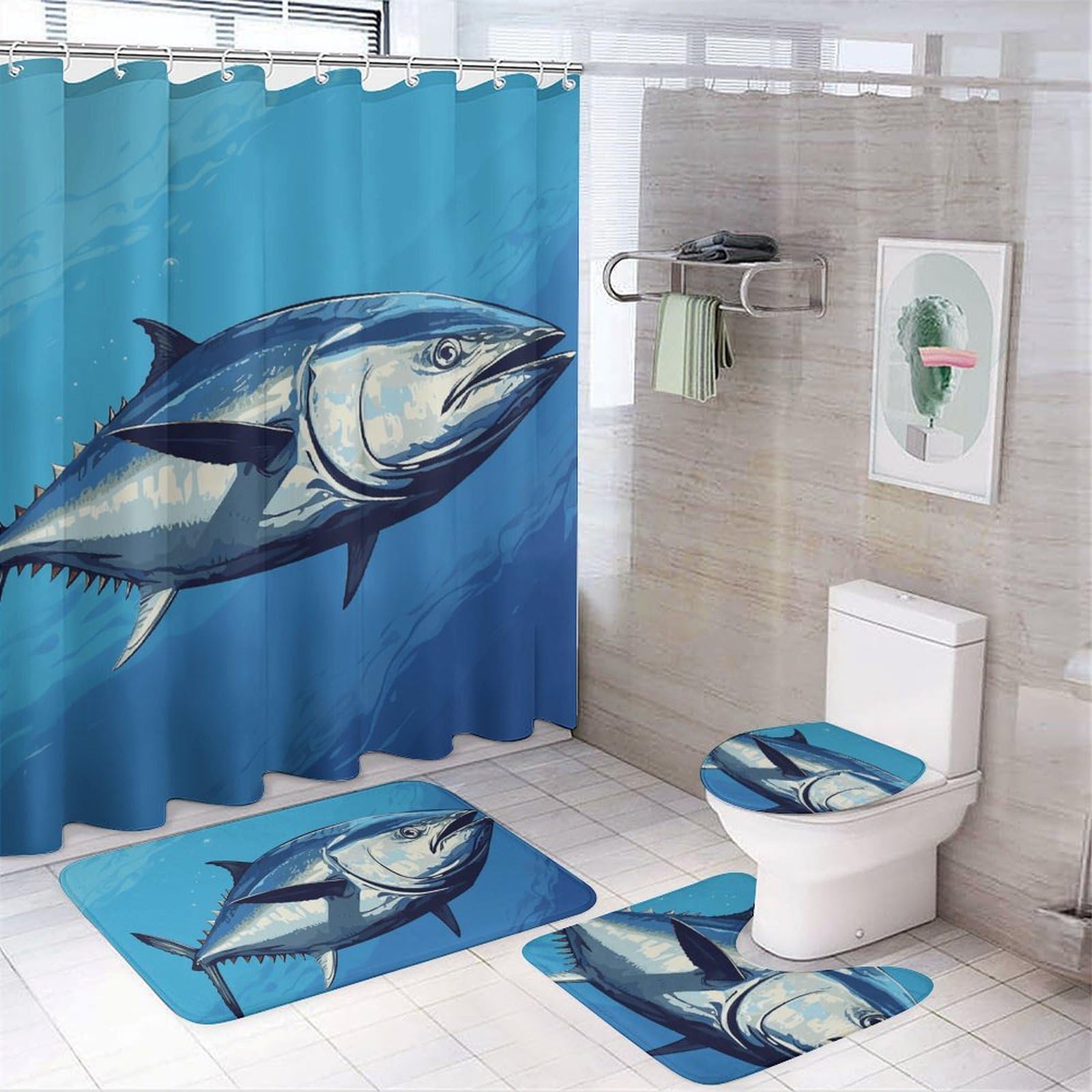 Rideau de douche coloré avec ensemble tapis de bain antidérapant et housse de toilette