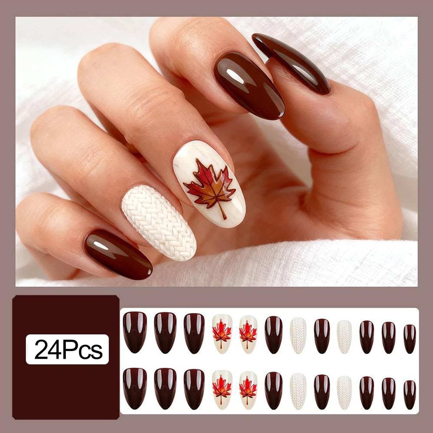 Fall Press On Nails Medium Almond 3D Maple Leaf Knit Fake Nails 24Pcs