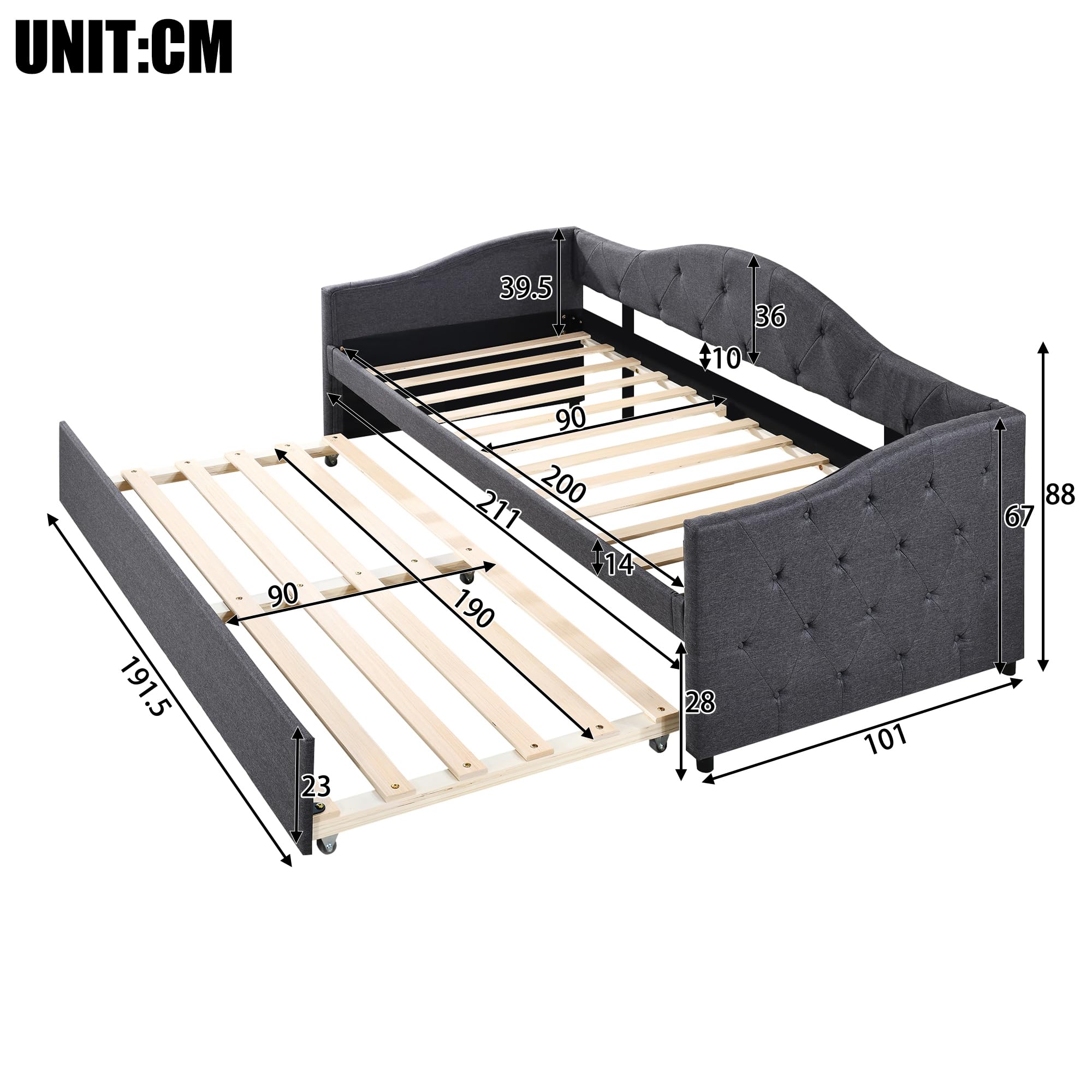 Kebnor 90 x 200 cm, letto con letto estraibile, divano letto, letto singolo (senza materasso), lino, stile minimalista (grigio)