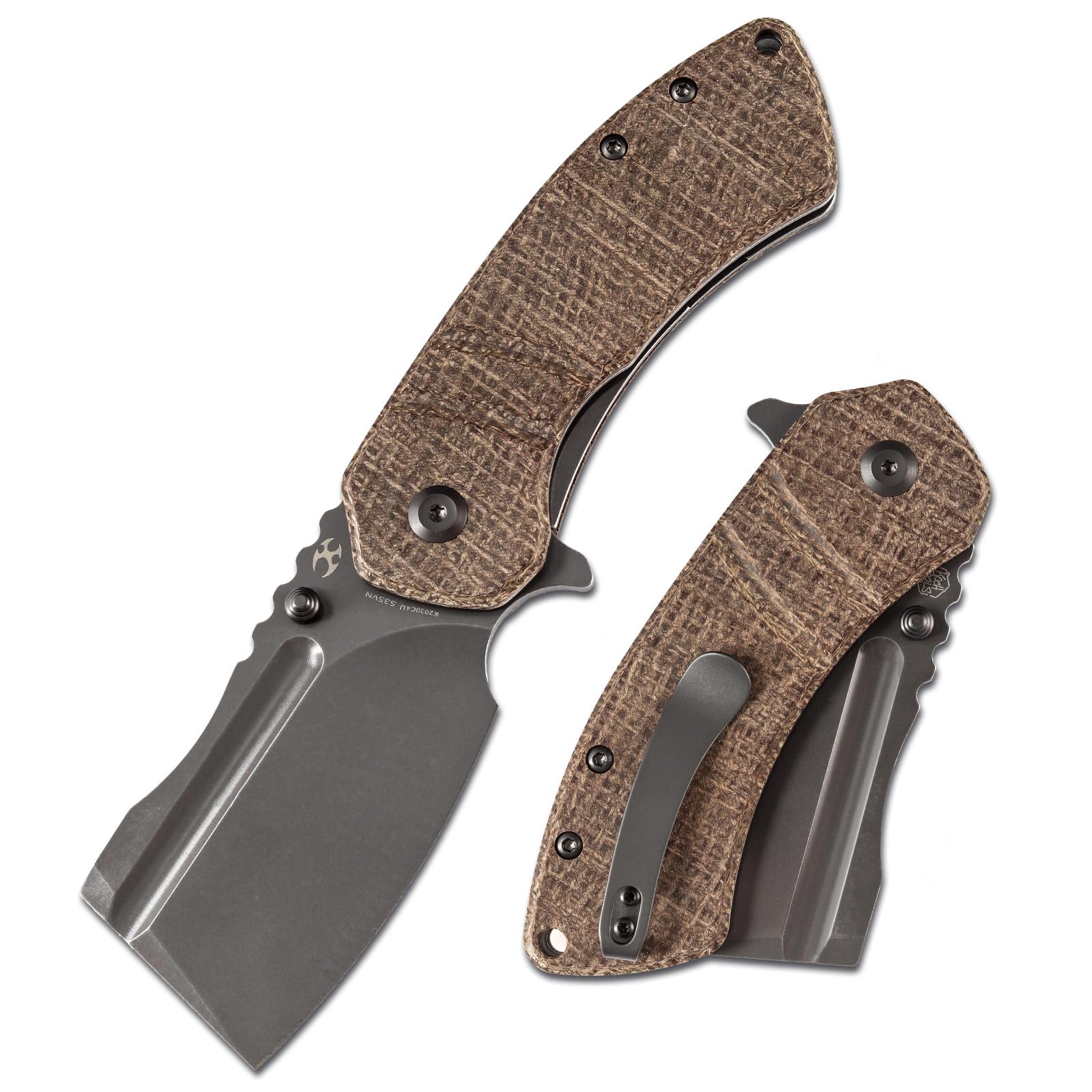 KANSEPT M+ Korvid Pocket Folding Knives Pocket Knife 3.07''Gray Anodized and Stonewashed CPM S35VN Blade,Burlap Brwon Micarta Handle,Cleaver Pocket Camping Knife for Everyday Carry K2030C4U