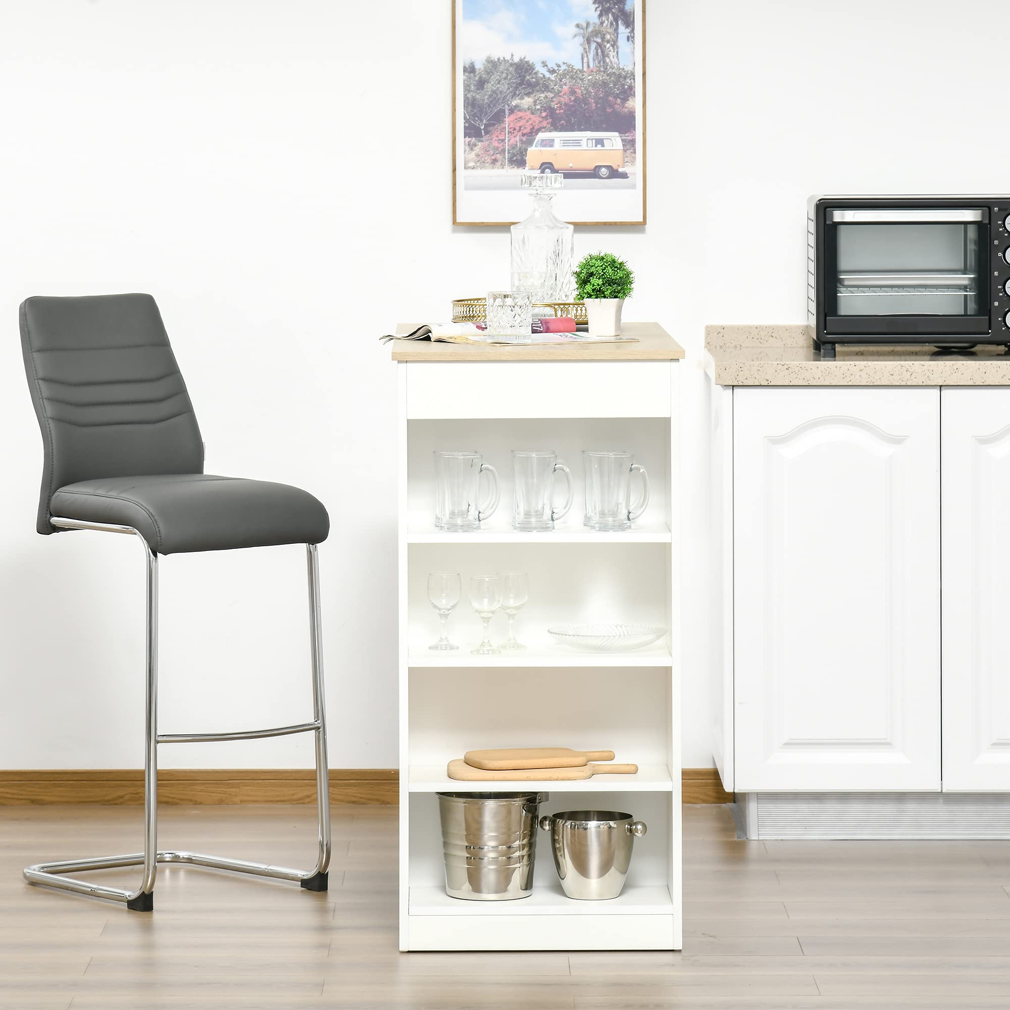 HOMCOM Mesa de bar pour 2 personas, mesa de alta costura debout avec 4 étagères ouvertes, pour petits espaces, cocina, sala de estar, 115 x 50 x 102,7 cm, estilo moderno, blanc et bois naturel