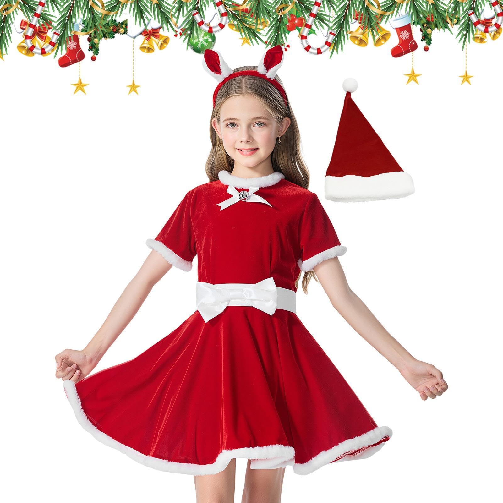 Vestito da Babbo Natale per Bambine Festivo con Cappello e Fascia Capelli