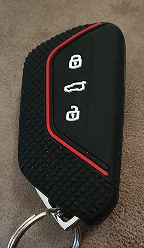 Miniatura 6 de iJDMTOY Funda de silicona suave negra para llavero con rayas rojas compatible con Volkswagen MK8 GolfGTI, Skoda Octavia con llave inteligente de 345