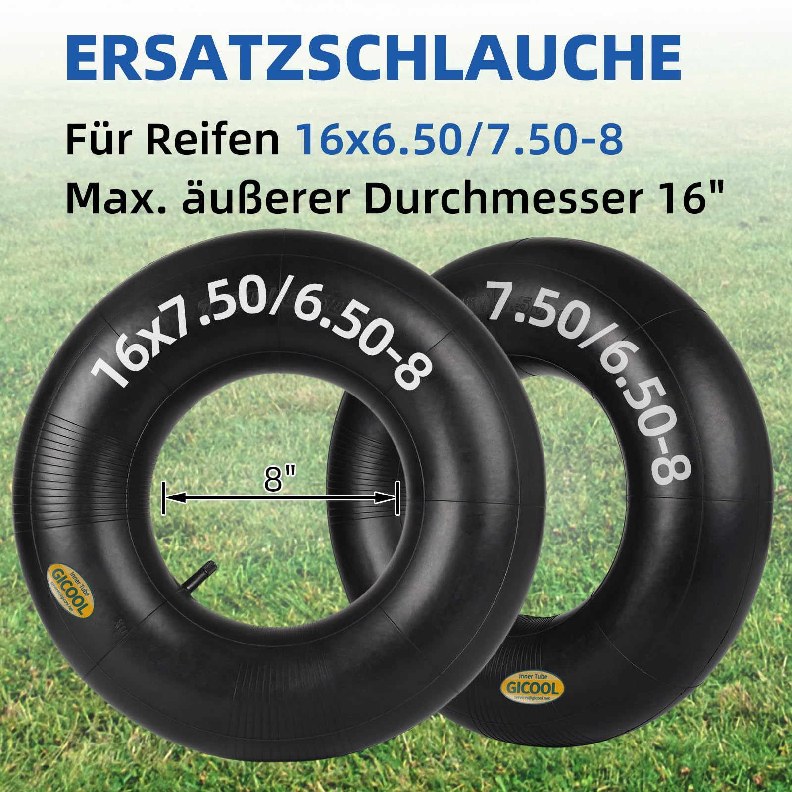 GICOOL 16x6,50-8, 16x7,50-8 Schlauch, 2er-Pack mit TR-13-Ventil, für hohe Beanspruchung, für Rasenmäher, Traktoren, Golfwagen, Gartenanhänger und mehr