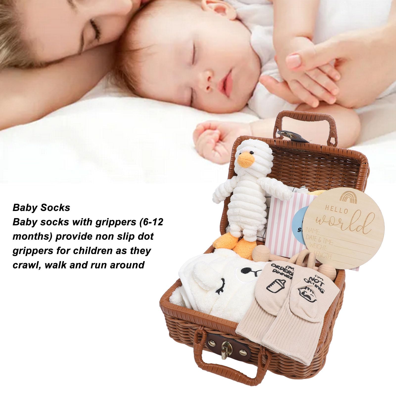 Geschenkset für die Babyparty für Neugeborene mit Kleidung, Süßer Puppe, Rasselspielzeug aus Holz, Lustigen Lätzchen, Socken, Grußkarte und Wichtigen Gegenständen Im Korb für, #112, WHITE