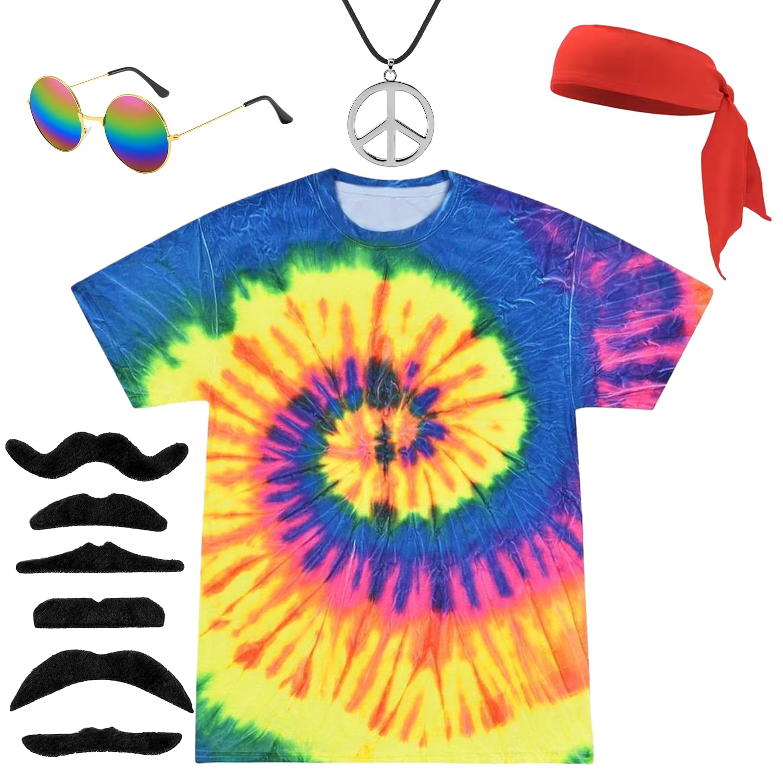 atnayo 10 Pcs 60s 70s 80s Fancy Dress Women Men, Hippie Clothes with Tie Dye T Shirt Glasses Necklace Headband Beard for Festival Party