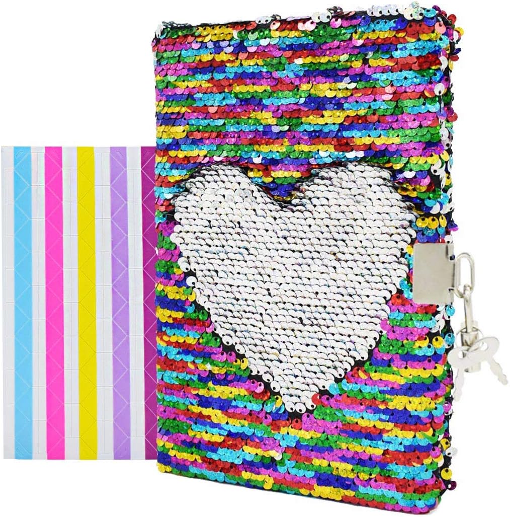 VIPbuy Reversible Sequin Notebook Diary with Lock and Key Lined Travel Journal w/Photo Corner for Kids Girls Gift, Size A5 (215 x140mm), 156 Pages, Rainbow to Silver