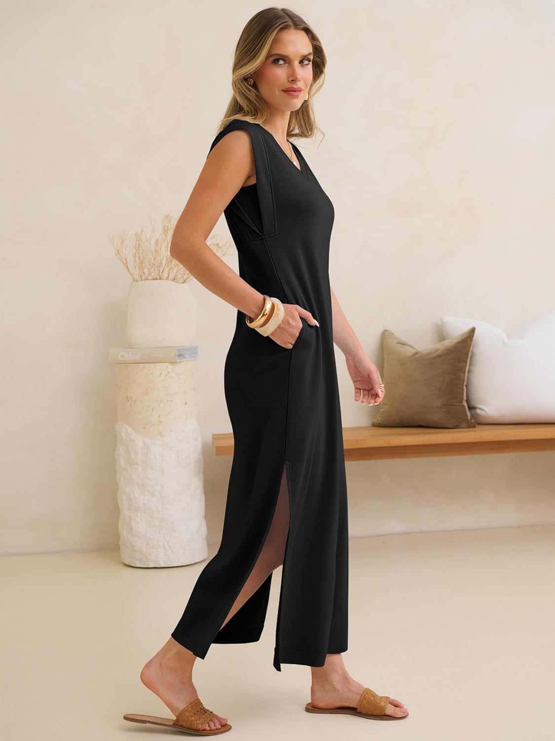 ANRABESS Womens Summer Casual Maxi Dresses Sleeveless V Neck Split Wrinkle-Free Long Sundress Beach Vacation Travel Clothes - Image 4