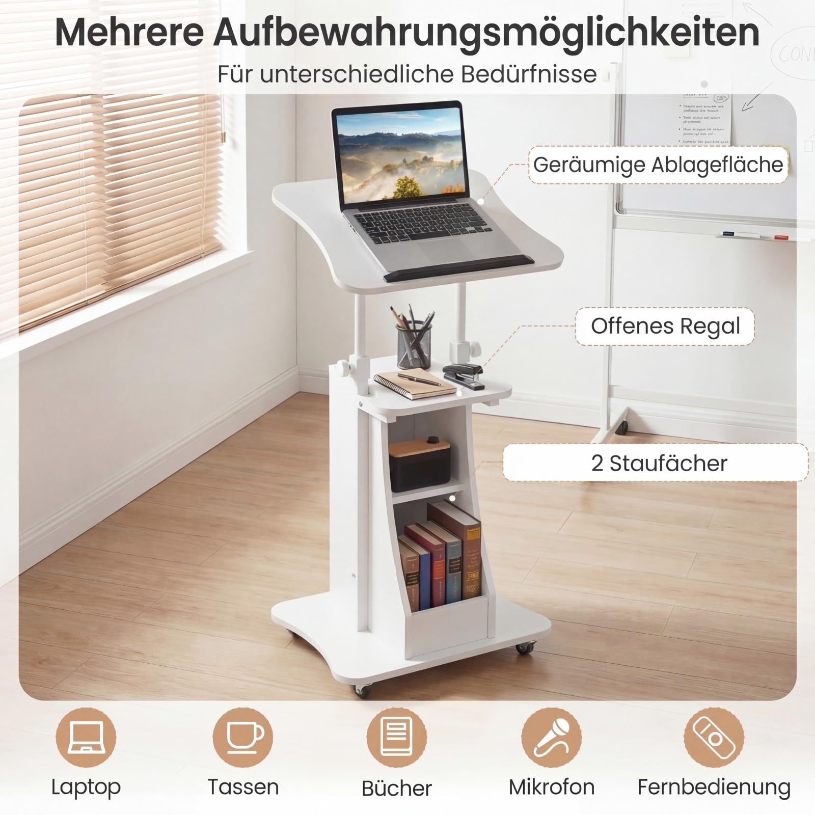 COSTWAY Mobilne biurko stojące, pulpit mównicy z regulacją wysokości, z uchylnym blatem i otwartymi przegródkami, biurko do stania lub siedzenia, stolik stojący na kółkach, do biura domowego (50 x 40