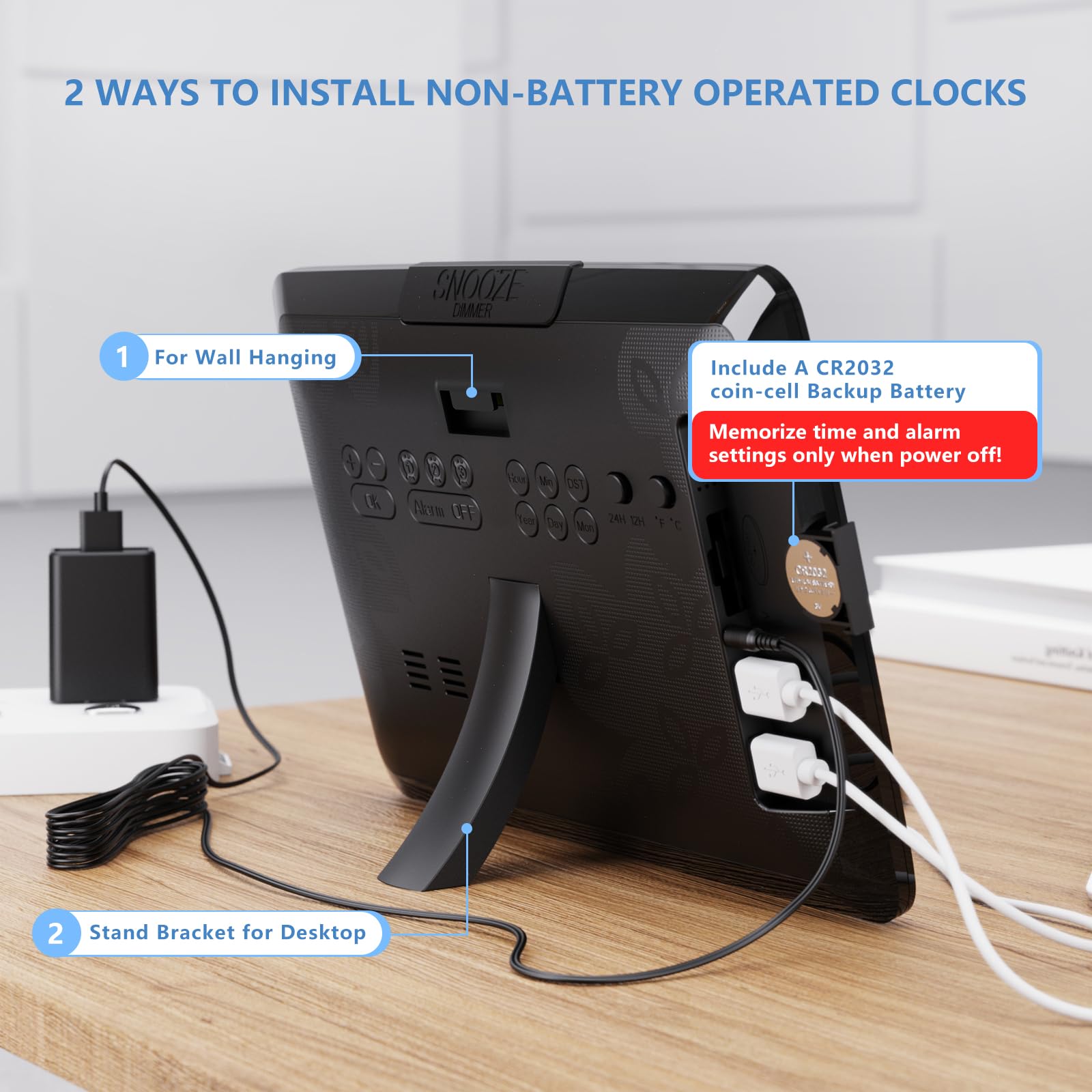 Raynic - Reloj digital con visualización LED grande de 11.5 pulgadas, reloj de pared digital regulable, brillo ajustable, reloj despertador digital con día y fecha, temperatura interior, repetición,