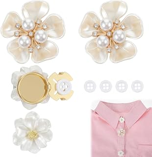 4 Pcs Button Covers with White Buttons for Women Blouses | Pearl Flower Decorative Rhinestone Button Covers Detachable Shirt Buttons Clips Reusable Cufflinks Jewelry for Crafts Sewing