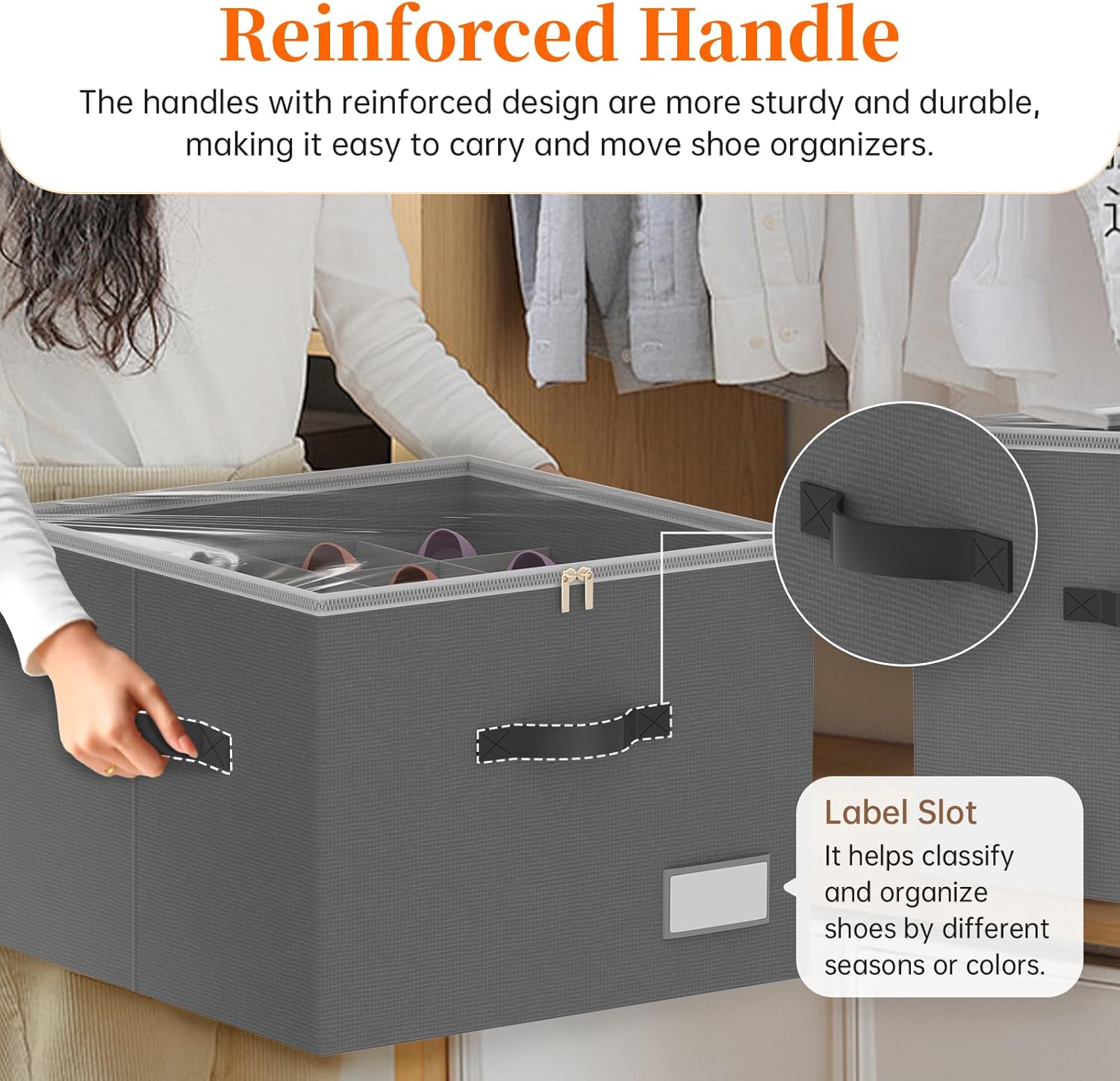 3 Pack Shoe Organizer for Closet, Foldable Shoe Storage Containers, Fits up to 24-48 Pairs, Shoe Storage Organizer Box Cubby Baskets Bins with Clear Cover and Reinforced Handles, Gray