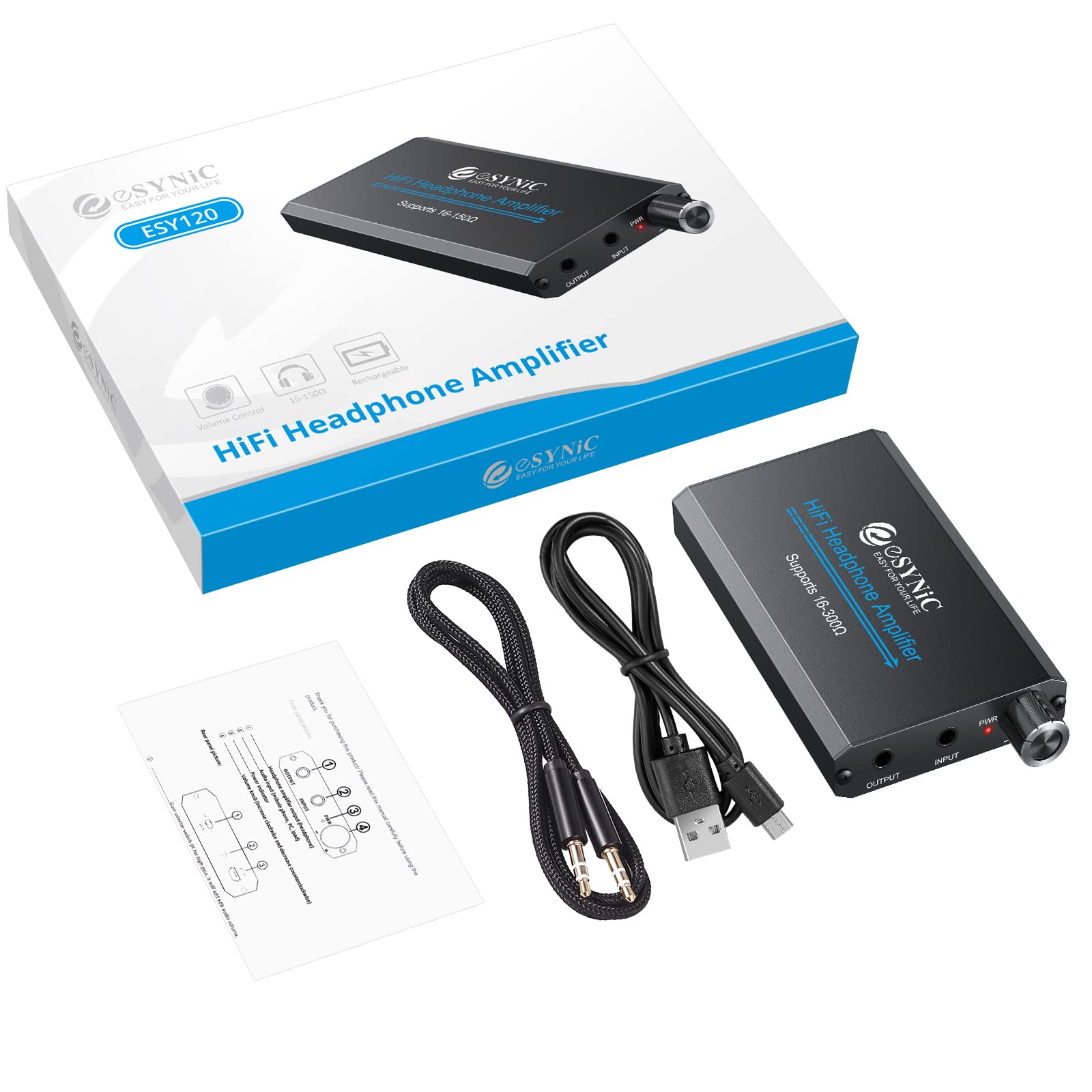 eSynic HiFi Kopfhörer Verstärker – 16-150Ω Mini Kopfhörer Amp Audio Verstärker, 3.5mm AUX Eingang, 1000mAh Akku, tragbar, Aluminium Gehäuse, für MP3, MP4, Smartphone und PC