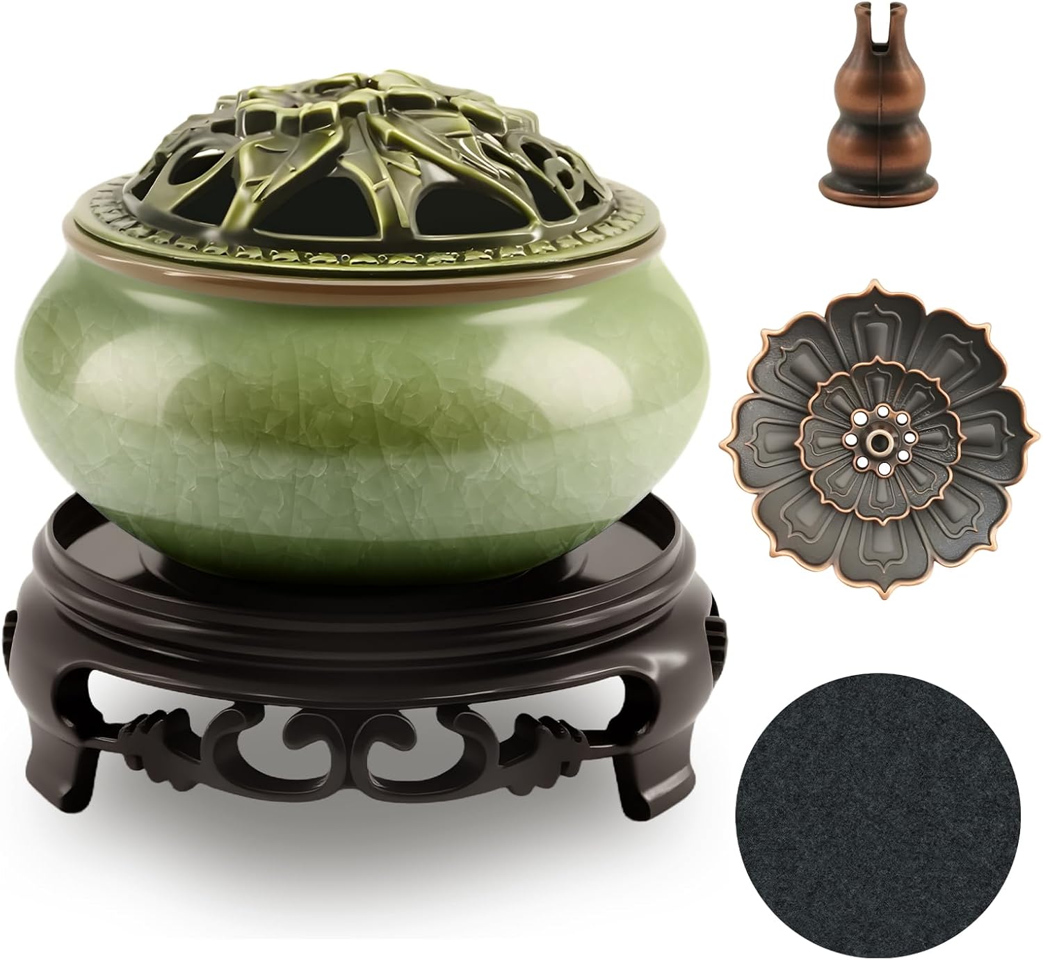 HGEKLIZV Ceramic Incense Burner with Lotus Holder - 3-in-1 for Sticks, Coils & Cones - Cracked Glaze Zen Home Decor
