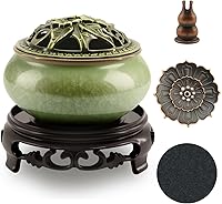 HGEKLIZV Ceramic Incense Burner with Lotus Holder - 3-in-1 for Sticks, Coils & Cones - Cracked Glaze Zen Home Decor