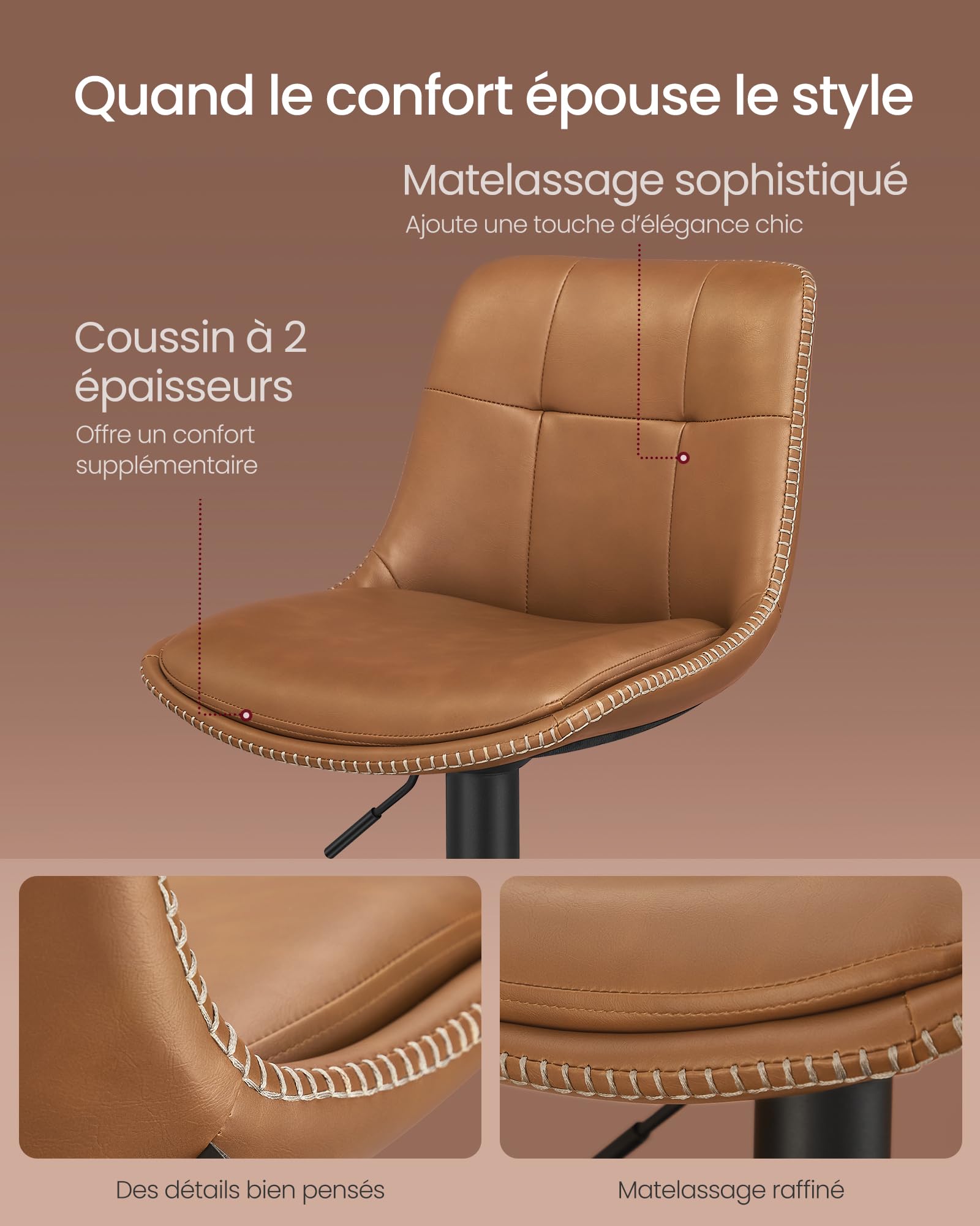 VASAGLE Tabourets de Bar, Lot de 2, Chaise de Cuisine, Siège Pivotant à Hauteur Réglable, Matelassé, en PU, avec Dossier et Repose-Pieds, Salle à Manger, Comptoir, Acier, Marron Caramel LJB095K01