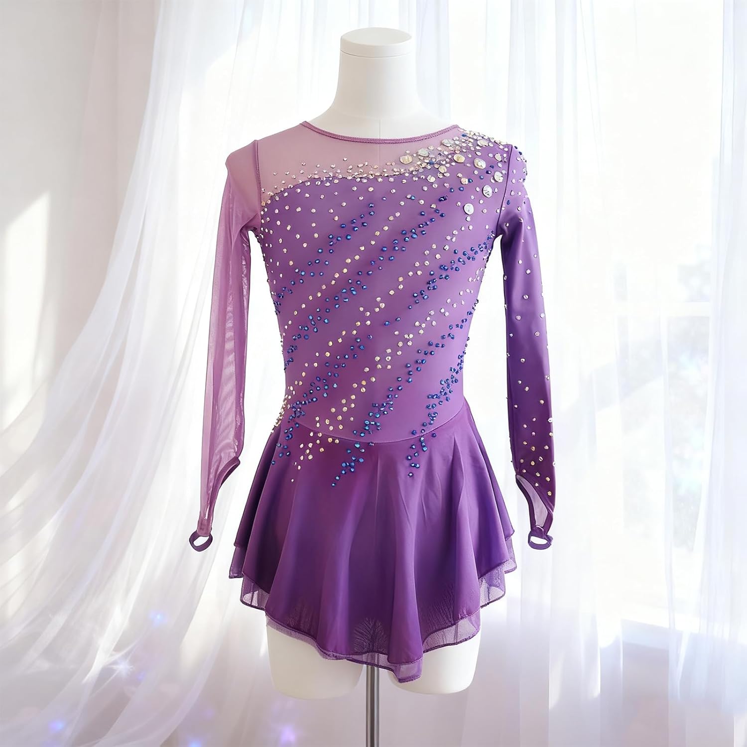 Ice Figure Skating Dress for Girls and Women Blue Long Sleeves Handmade Customized Competition Performation