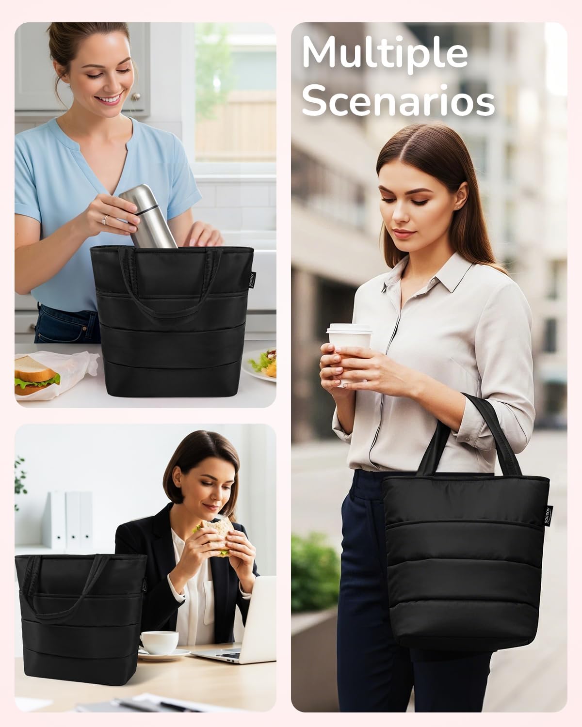 Aosbos Black Lunch Tote Bag,Insulated Lunch Bag For Women,Work,Office