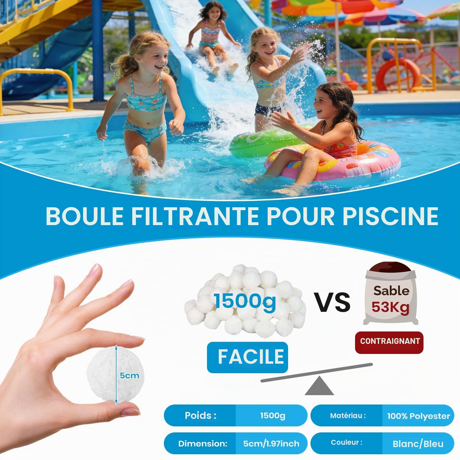 Balles Filtrantes pour Piscine, 1500g Boules Filtrante pour Systèmes Filtration Sable avec Sac Lavage Cordon, Balle Filtration Durables pour Pompe Piscines Nettoyeurs Piscine (Blanc)