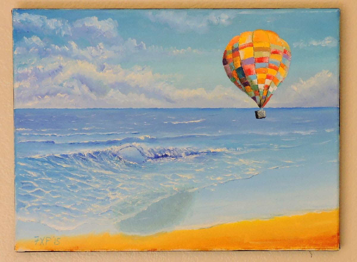 Original oil painting. Hot air balloon over the ocean