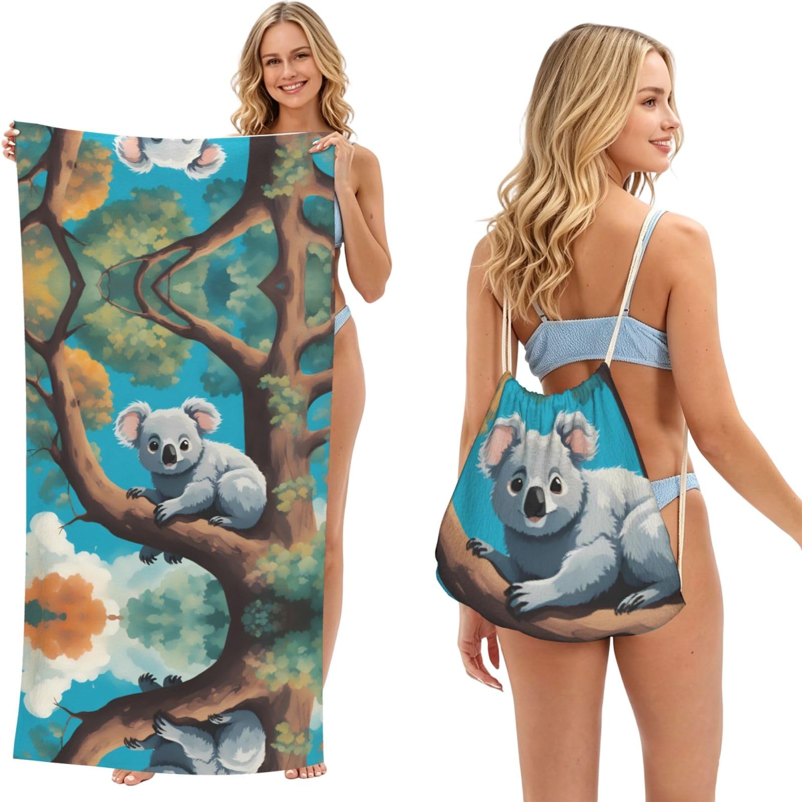 SXZVVBN Cute Happy koala 2-in-1 Beach Towel Bag, Quick Dry Sand Free Travel Towel Backpack for Adults