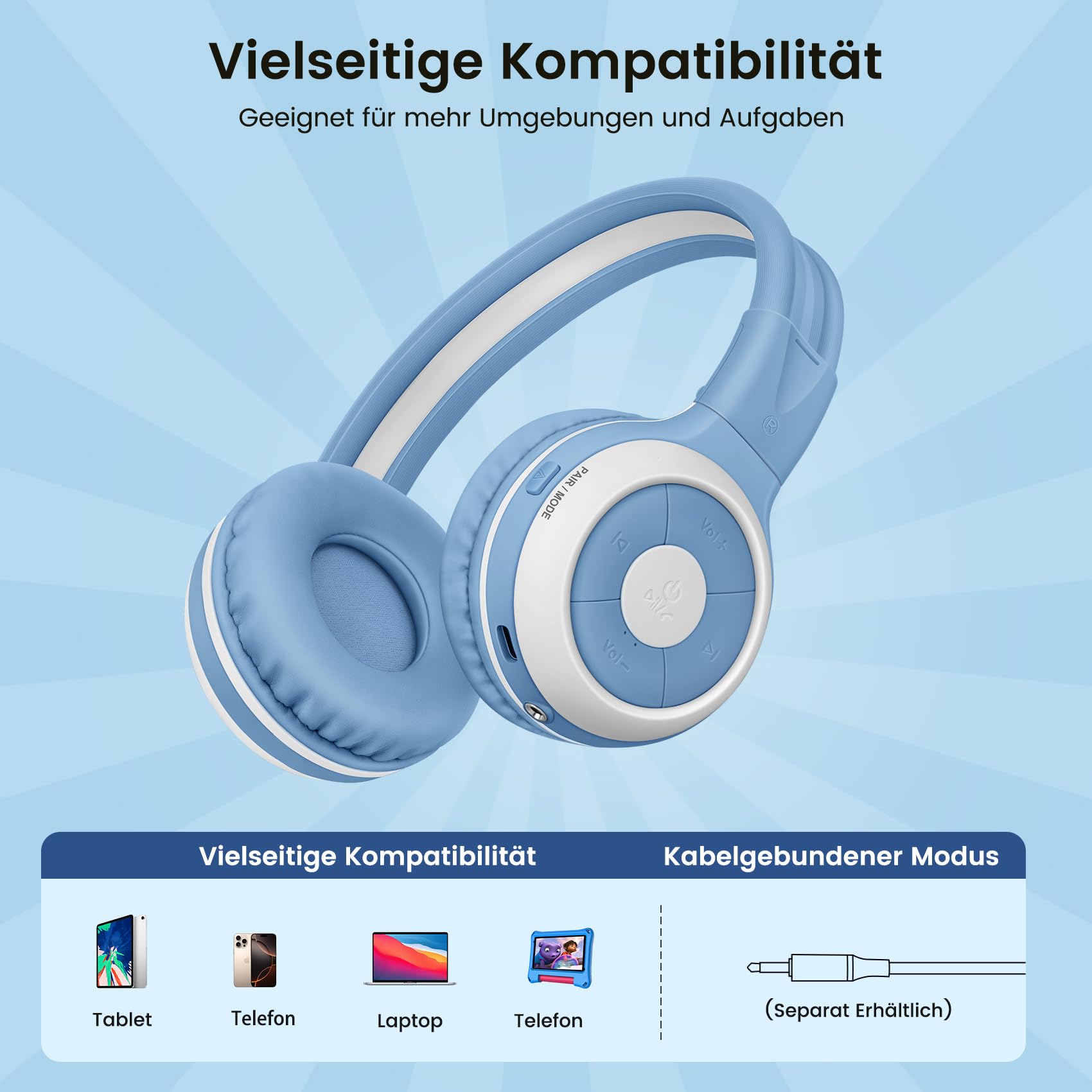 SIMOLIO AuraCast Bluetooth Kopfhörer Kinder, Gemeinsames Kabelloses Audio-Sharing, Kompatibel mit Jedem Einzelnen Bluetooth-Gerät für Familie, Unterricht & Reisen, mit Integriertem Mikrofon, Klappbar