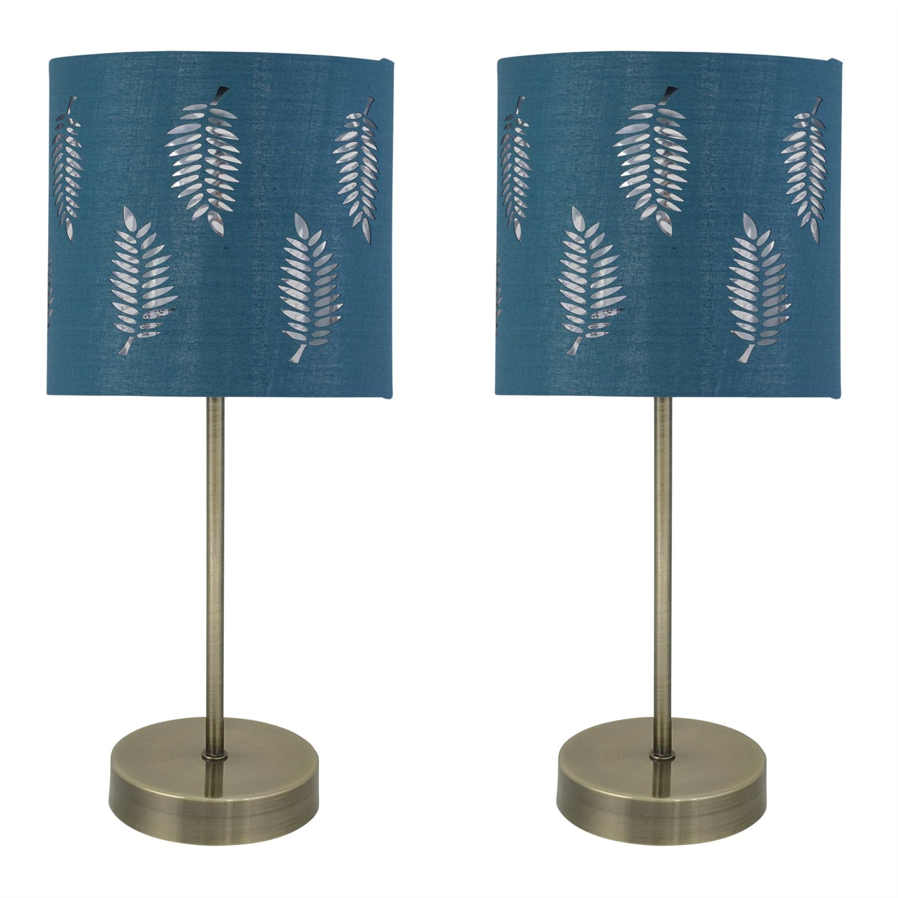 Firstchoicelighting Antique Brass & Teal Set Of 2 Antique Brass Table Lamps Or Bedside Lights, Modern Design, Teal Leaf Cut Out Shades, Height 35Cm, Led Compatible